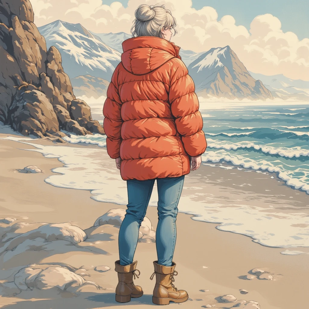 masterpiece:1.3,  highres icon:1.3, (Alone:1.2, ), One Girl , Red down jacket,  jeans,  boots,  back:1.3,  First Sunrise, Coastline,  morning glow, Winter beach