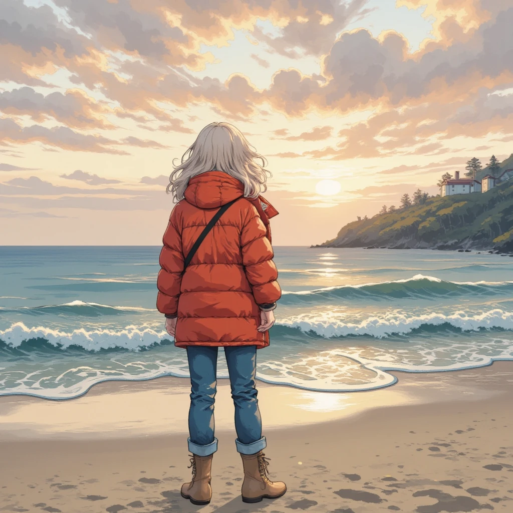 masterpiece:1.3,  highres icon:1.3, (Alone:1.2, ), One Girl , Red down jacket,  jeans,  boots,  back:1.3,  First Sunrise, Coastline,  morning glow, Winter beach