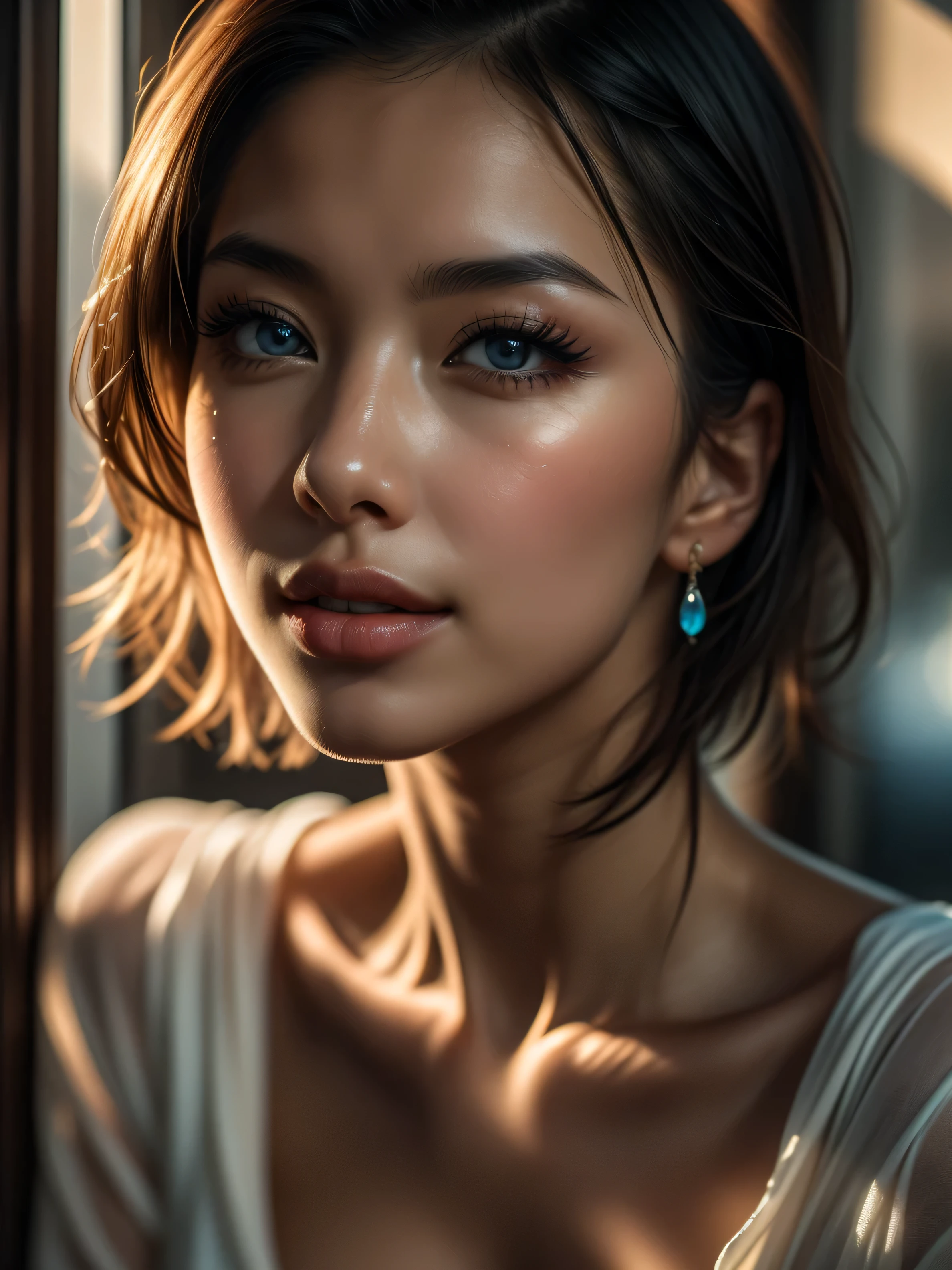 ((Masterpiece)), raw photo, Hyper realistic hyper-detailed half body portrait,A cowboy shot, UHD,  Captured with a Canon EOS R5, 1 mature woman, Extremely attractive Mature chinese woman, short hair,((Natural Tear drop breast 1.7))Breasts naturally fall in a teardrop shape, being less full on top and fuller on the bottom), slender body, wearing loose silk top, Extremely detailed face, [(extremely detailed:1.5)|(matte:1.7)|healthy] human skin, (intricate detailed eyes, eye focus), she is wearing beautiful jewelry. Natural full lips, detailed facial features, provocative flirty smile, Studio lighting, romatic lighting, stunning use of shadows, high resolution, 4k, 8k