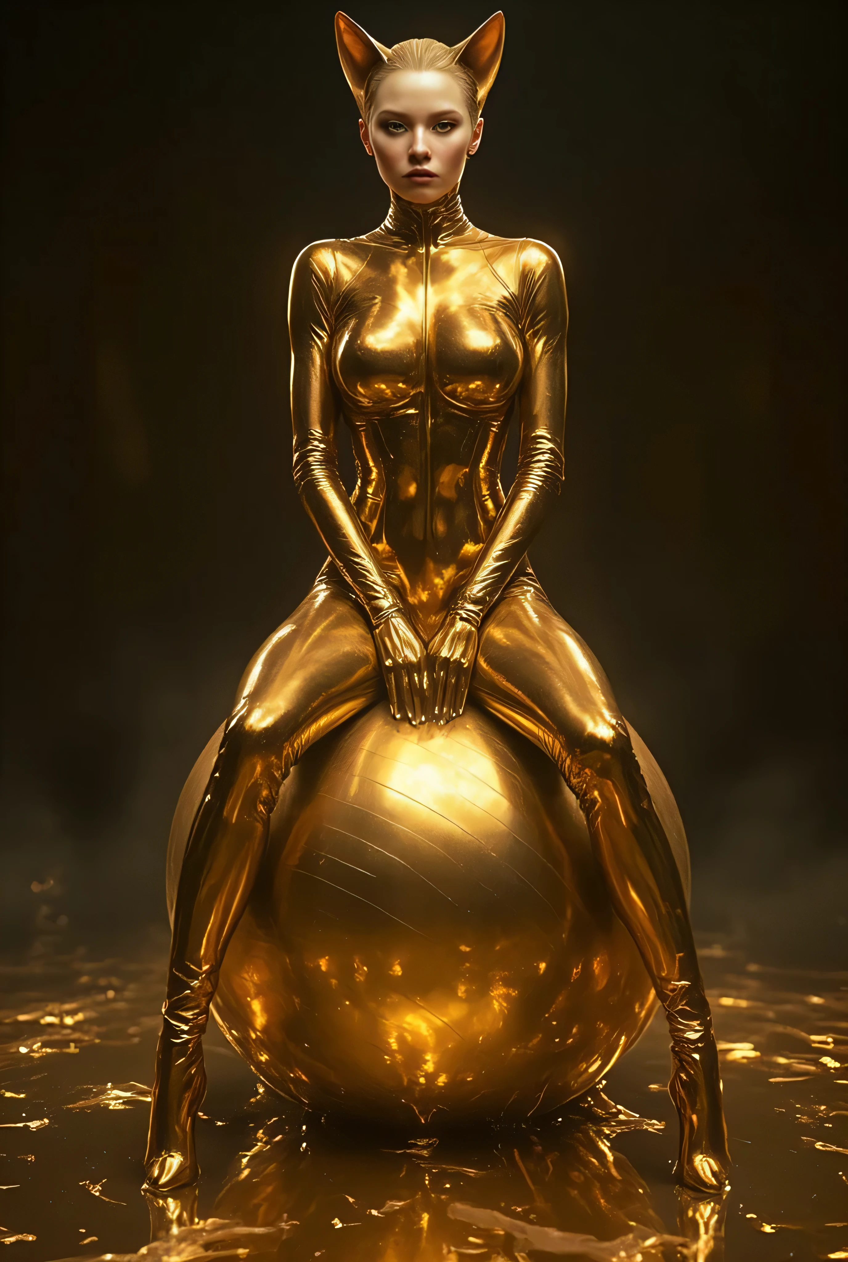 view on whole body, sitting on big gold rubber ball, one young skinny white girl in thin oiled seamsless fullbody gold catsuit, gloves, catears, slimy floor, strong spot light on legs