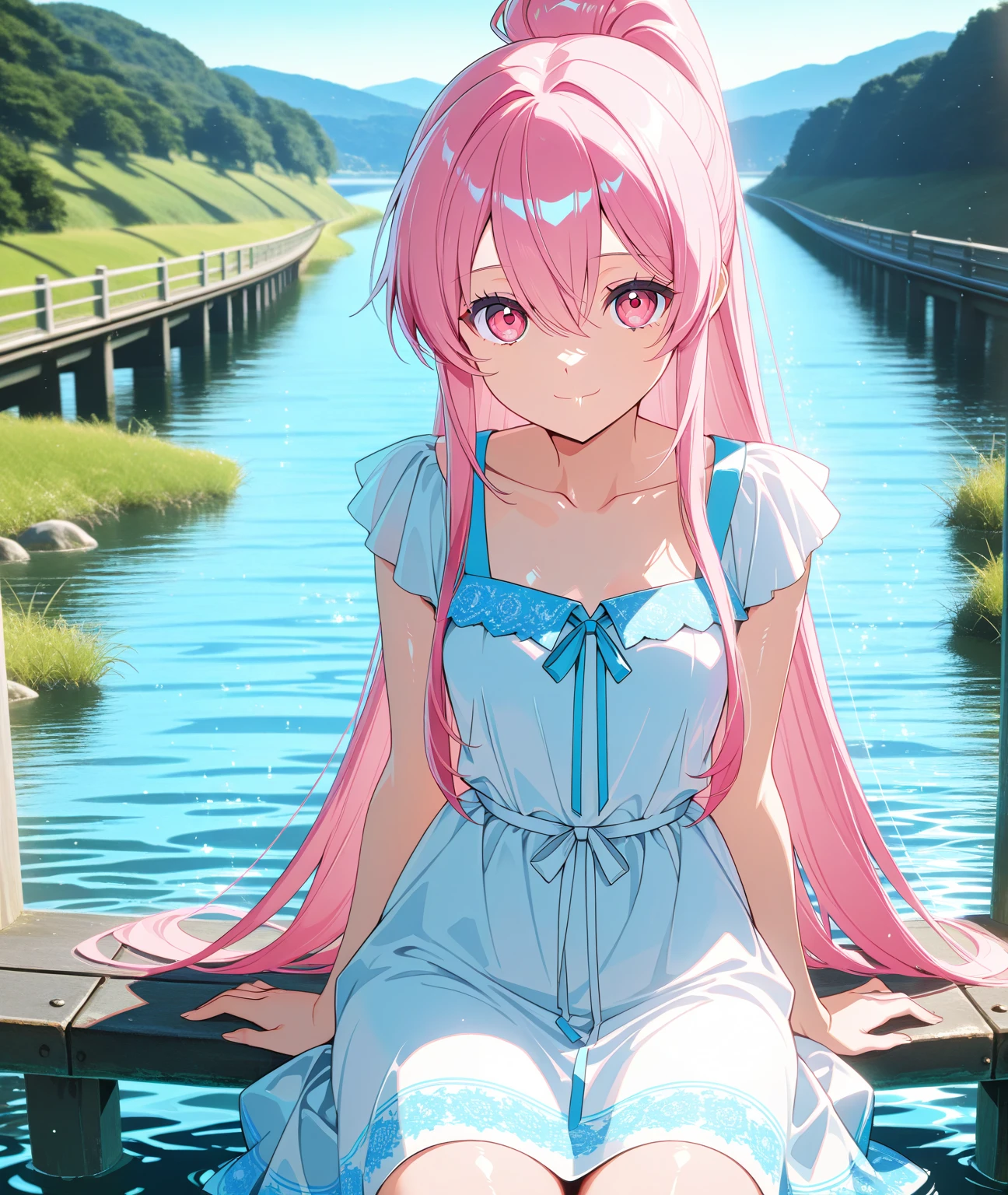 score_9, score_8_up, score_7_up, masterpiece, absurdres, source_anime,1girl, solo, adult, girl focus, adult, very detailed eyes, expressive eyes, aesthetic eyes, bright eyes, (bright pink eyes),  pink eyes, beautifully styled hair, very detailed hair, straight hair, (bright pink hair), long hair, hair between eyes, (straight hair), (straight ponytail),styled hair,  little smile, looking at viewer, small breasts, shiny skin, healthy skin colour, BREAK
((blue and white) summer dress, multicoloured dress), sunny, sitting on bridge, river,legs in water,  green grass, half body, cowboy shot, BREAK
HDR, 8K, masterpiece, best quality, amazing quality, very aesthetic, high resolution, ultra-detailed, absurdres, newest, scenery, 
masterpiece, scenery, aesthetic detailed background, best quality, game cg aesthetics,
 beautiful detailed eyes, detailed skin, detailed hair, light particles,  photo background, depth of field, 
(masterpiece), best quality, ultra-detailed, 1024k UHD wallpaper, ultra-high resolution, depth of field, HDR, Ray tracing, RTX, high saturation, photon mapping, best texture quality, best compotitions, (extremely detailed CG 1024k wallpaper), High Details, Detailed face, Detailed Clothes, Ultra HD Photo, Perfect Face, expressive eyes, bright colours