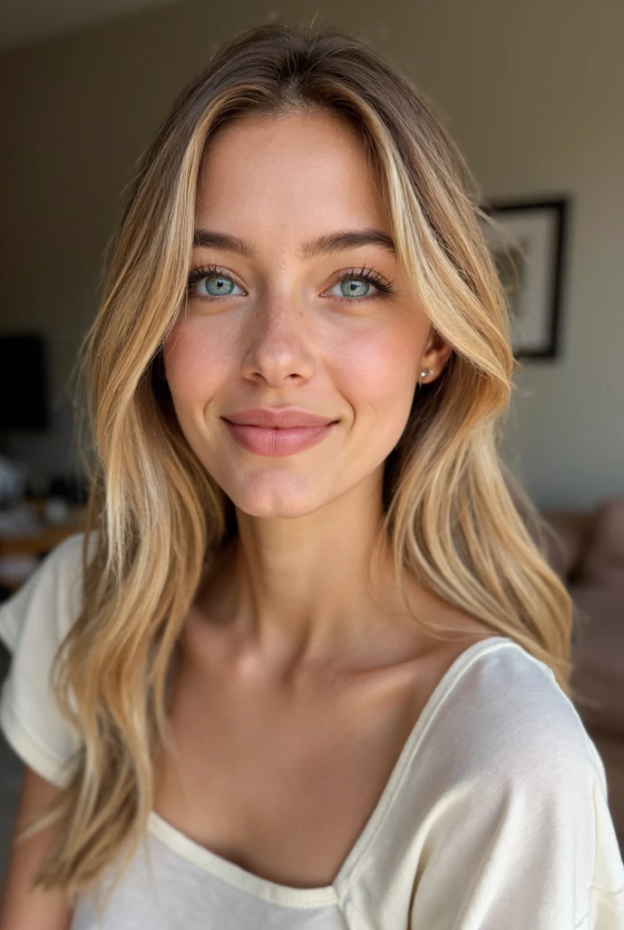 blonde hair, blue eyes, home, white top, selfie, masterpiece, high quality, hot, smiling, cute