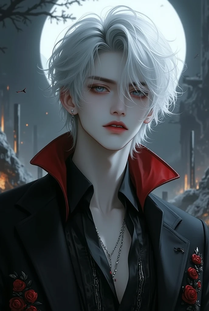 Vampire, absurdres, highres, ultra detailed, HDR, master piece, best quality, extremely detailed face, delicated features, Jaehwan , White hair, short hair, no fringe, without bangs, handsome hair, cool eyes, The World After The Fall, Alone, Sensual, Young face, black and red Vampire style, cold, Transparent, black, Boyfriend, Pierce, earring, Vampire boy, Draw a large background, anime,  Vampire model, fang, Scary Halloween background, Draw a large background, 4K, High image quality, Vampire pose, Blood dripping from the mouth, Vampire makeup, Upper body photography