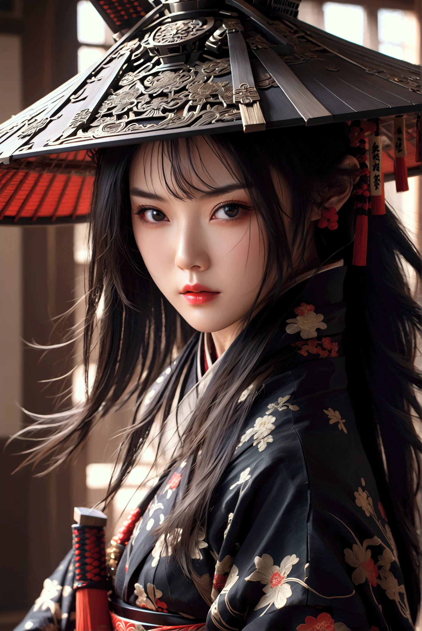  woman , Asian,  pretty face,  black long hair ,  black eyes, samurai, женщина-samurai,  high detail,  masterpiece fails,  best quality , futurism ,  dynamic shadows ,  cinematic style,  high detail лица 