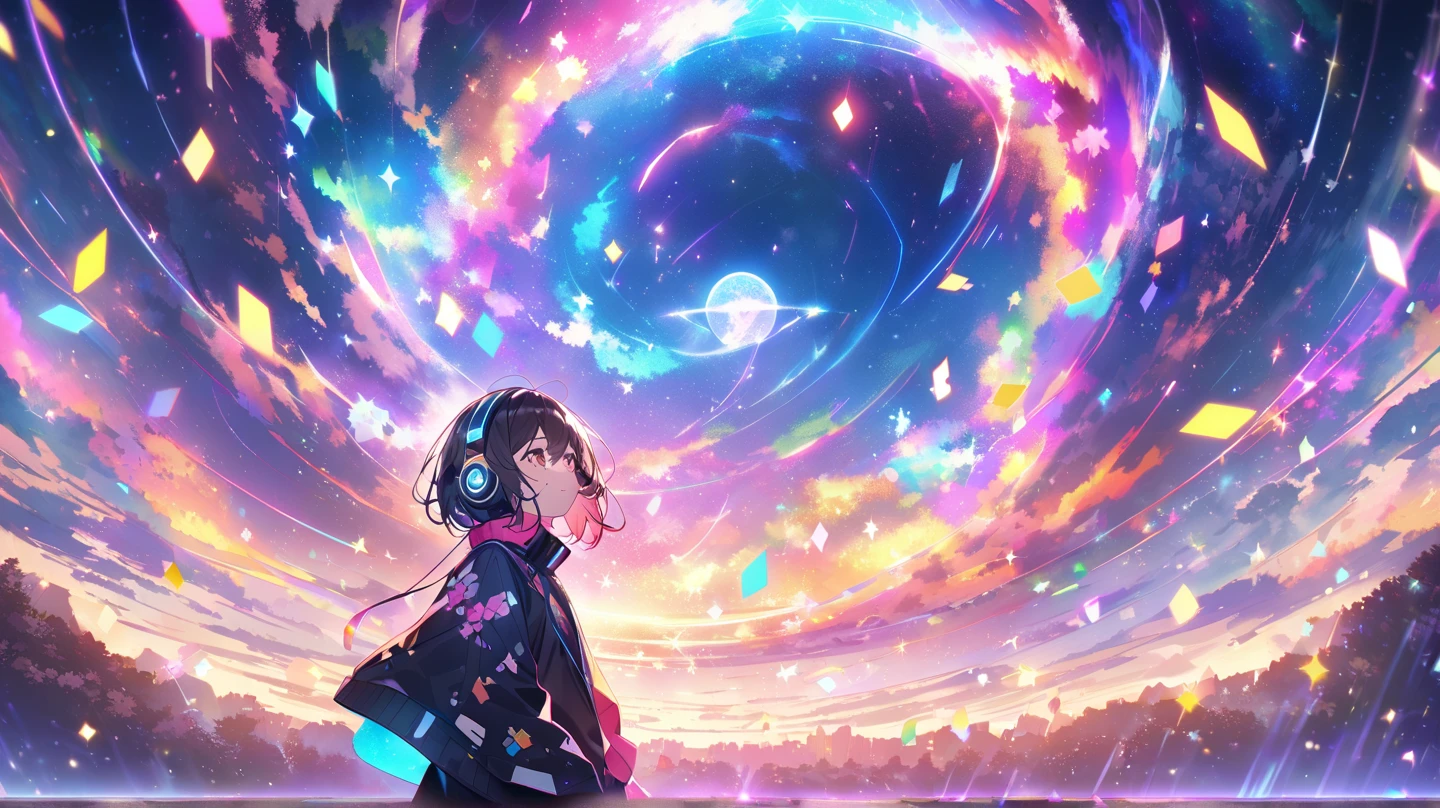 Design a captivating thumbnail for 'Radiant Sky,' a Trance track by RYOTA SAKAMOTO x AI Soundscape. The image features a vibrant anime-inspired scene with a glowing night sky, colorful auroras, and swirling galaxies. A dynamic character with headphones is gazing upward, immersed in the music, with bright, luminous butterflies around them. The title 'Radiant Sky' is displayed in a bold, glowing, futuristic font, with 'RYOTA SAKAMOTO x AI Soundscape' elegantly placed below. The design uses vivid neon colors, sparkles, and energetic elements to evoke a sense of wonder, beauty, and energy, ensuring maximum visual appeal and clicks.