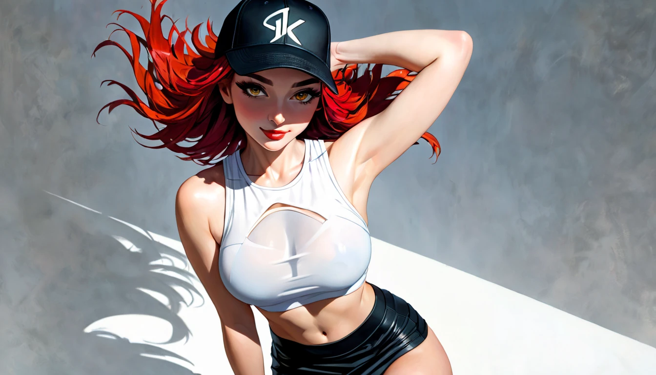 ((best quality:1.2)), ((highly detailed:1.2)), (masterpiece:1.2), ((official art)), detailed face, beautiful face, (detailed eyes, deep eyes), (1girl:1.33, solo), full body, jessie\(pokemon\), very long hair, red hair, hair slicked back, (cyan eyes), earrings, grin, team rocket, cleavage, (white open crop-top jacket:1.2), (black cropped tank top:1.4), (white sweatpants:1.4), midriff, navel, micromini sd15, (realistic:1.4), super sexy, off one shoulder, gradient sunglasses, long legs, sneakers
<lora:jessie:0.7>,
