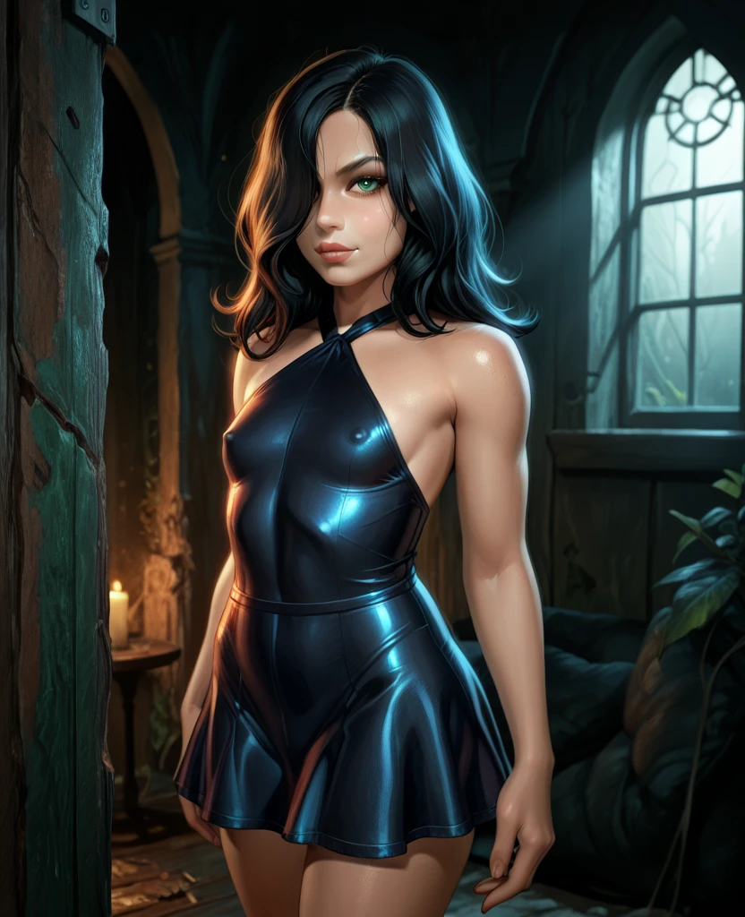 score_9,score_8_up,score_7_up,
evelinexl,green eyes,long hair,black hair,looking at viewer,hair over one eye, smug
dark house,dark lighting,buff,shredded abs,,dynamic,medium hair,reiq,small tiny flat breasts,,,plump lips, haltertop dress