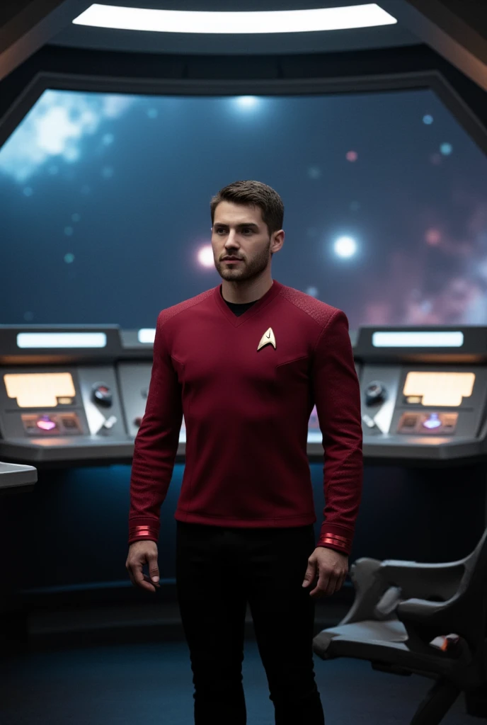 A high-resolution photo of a futuristic starship bridge, bathed in soft, ambient light from the ship’s control panels and displays. At the center of the scene, A muscular attractive Cody Christian, dressed in a striking red Star Trek SNW uniform, stands confidently at the command station. The uniform’s sleek design and distinctive red hue contrast sharply with the cool, metallic tones of the bridge’s advanced technology. Behind the captain, large windows reveal a breathtaking view of distant galaxies and vibrant nebulae. The bridge is filled with an array of holographic interfaces and glowing control consoles, creating a high-tech, immersive environment. The captain’s posture and focused expression exude leadership and resolve, perfectly capturing the essence of futuristic command.