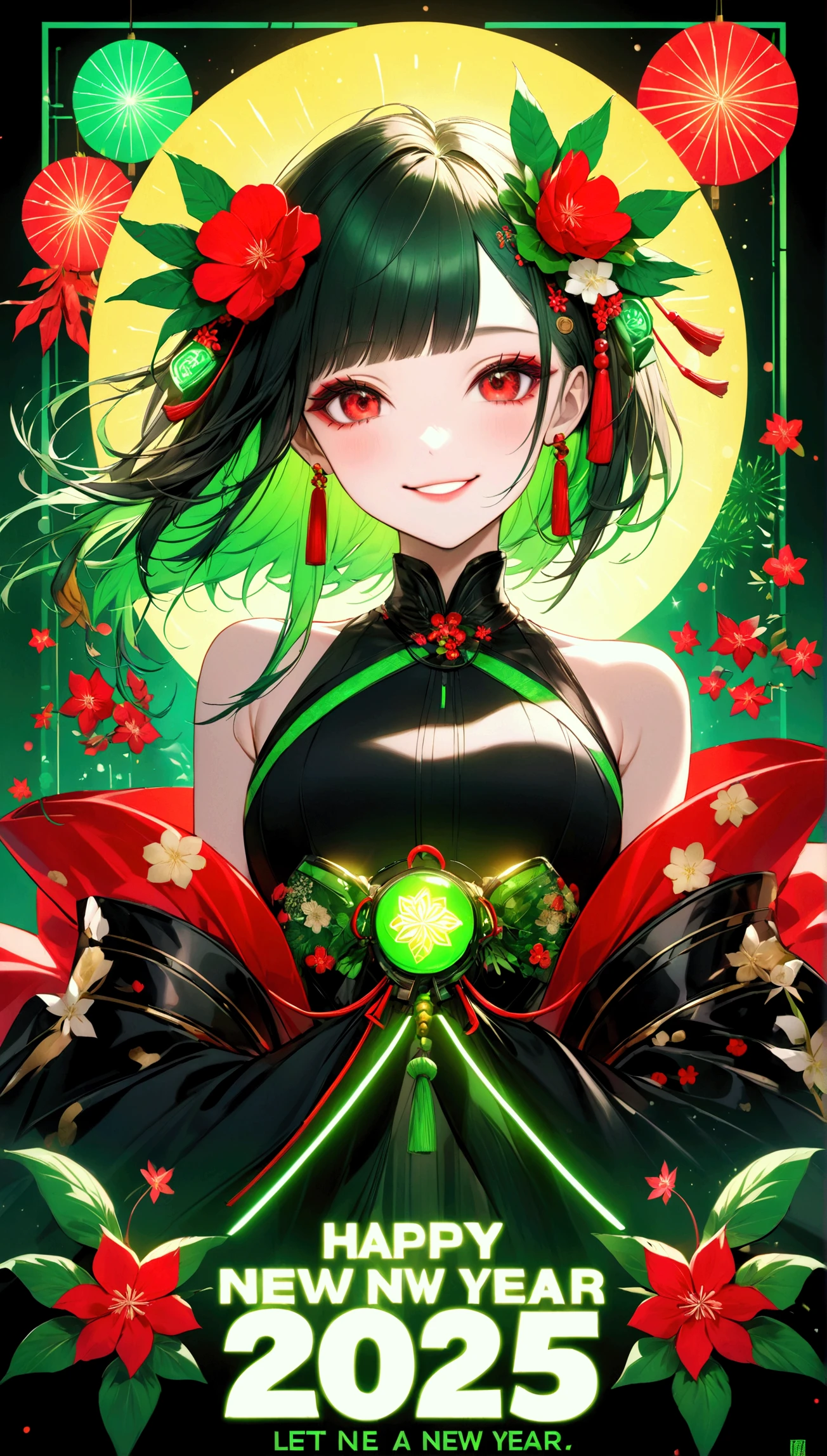  A unique new style that makes use of brilliance  ,    digital design poster  ,   express the glamor of the new year in detail  ,   combine cyberpunk with traditional Japanese beauty 、 let's make a poster full of smiles ,  create beautiful red eyes , (Insert text  "Happy New Year 2025 "),  green neon font , 