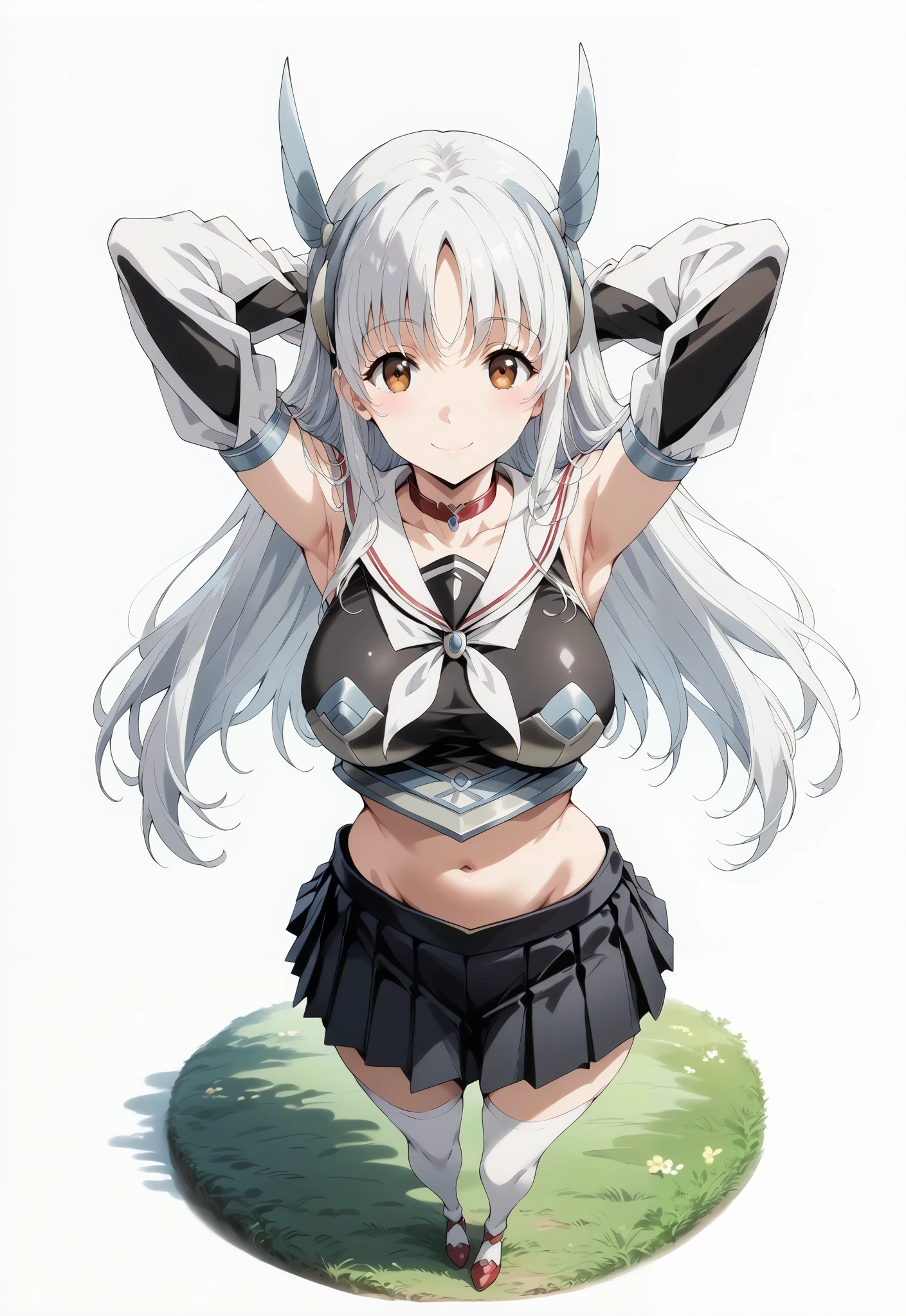 score_9, score_8_up, score_7_up, source_anime, 4K,perfect fingers,(perfect hands, perfect anatomy),prefect lighting, very aesthetic, intricate details,highly detailed background, masterpiece, high quality, best quality,
1girl,kaori shirasaki, long hair, large breasts, brown eyes, white hair, anime screencap,,
wearing ((red choker,black shirt,sailor collar,detached sleeves, black skirt,pleated skirt,white thighhighs,midriff)),,
looking at the spectator, filed, ((arms behind head:1.5)), high thigh individual , (large breasts:0.9),Stand up,((fullbody:1.5)),((White plain background:1.5)) ,((Seductive smile)),((top view:1.5)),leaning forward:1.3,looking at viewer,
