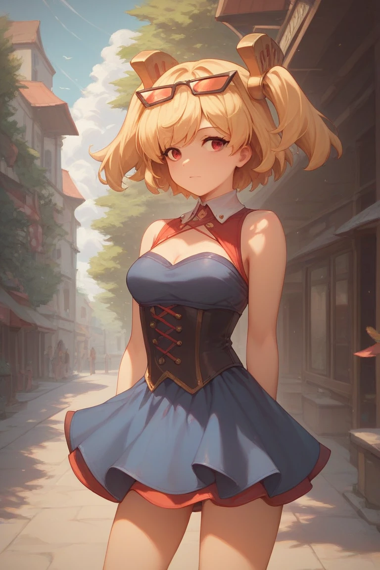 masterpiece, best quality, highres,
GagaDef, 1girl, solo, short hair, blonde hair, red eyes, hair over one eye,
breasts, large breasts, hat, bare shoulders, medium breasts, boots, detached sleeves, choker, blue footwear, duel monster, charm (object), wizard hat, skirt, gagaga girl,
cowboy shot, arms behind head, arms up, armpits, armpit crease, looking at viewer, forest, sunlight, cloudy, laughing, <lora:Gagaga:1>