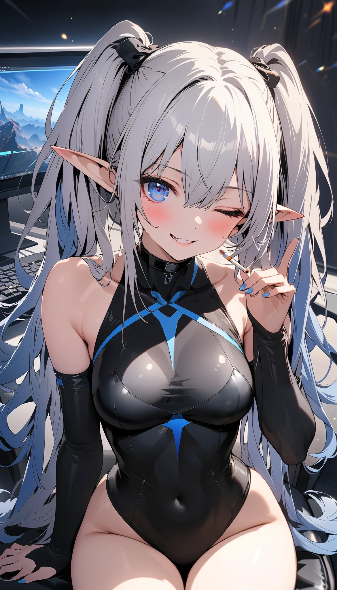 , POV , High Elf Woman Manipulating Hot Water Dripping Tentacles、OPEN MUNTH、WICKED SMILE, Entangled tentacles、Scarabeleploid、Cel Shade Adult Animation、a large amount of mucus, human body,