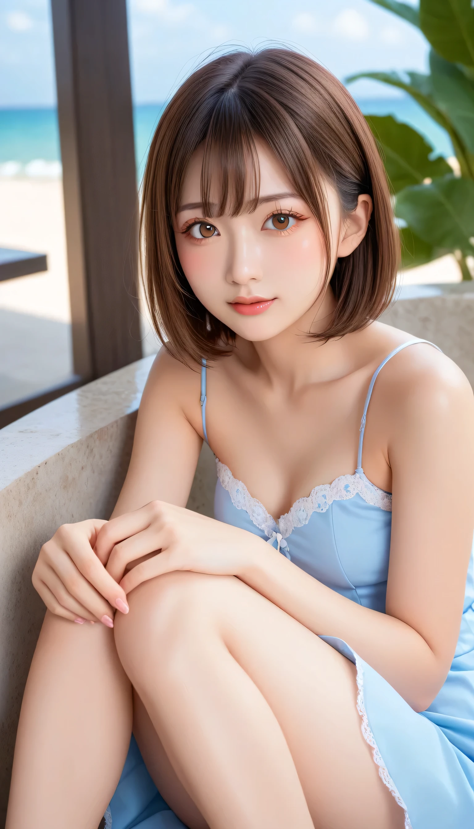 One beautiful girl 、( without makeup)、Knees explained (reality: 1.4), Japanese beauty 、 Camisole Dress 、 The chair is so beautiful 、 Spread your legs to the side 、 see panties 、thin、( upper body)、( surreal )、( high resolution)、(8k)、( very detailed)、( beautiful eyes )、( very detailed)、 big eyes、 ( brown eyes)、 detailed face 、( embarrassed face:1.3), (:0.9)、Ocean view balcony 、 PROFESSIONAL LIGHTING 、 staring at the camera 、 short hair 、 brown hair、 Nogizaka idol 、actress、20 years old、 small breasts、 wet skin、、I'm sitting on a chair with a realistic skin texture 、Natural Shadows、 ( clevis on the stone :1.5),