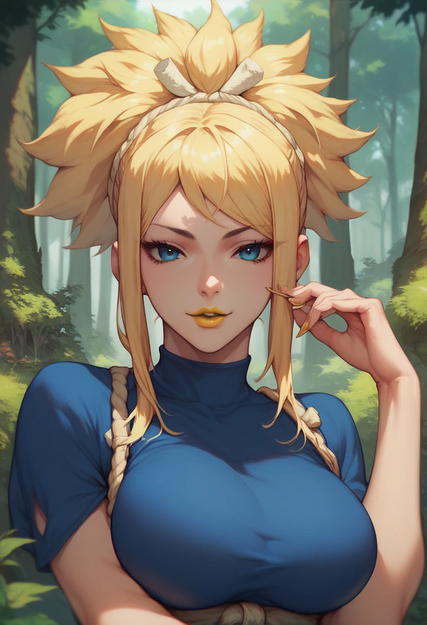 woman, big breasts, looking at viewer, yellow lipstick, blue eyes, anime style, blonde hair, blue clothes, forest, Kohaku 