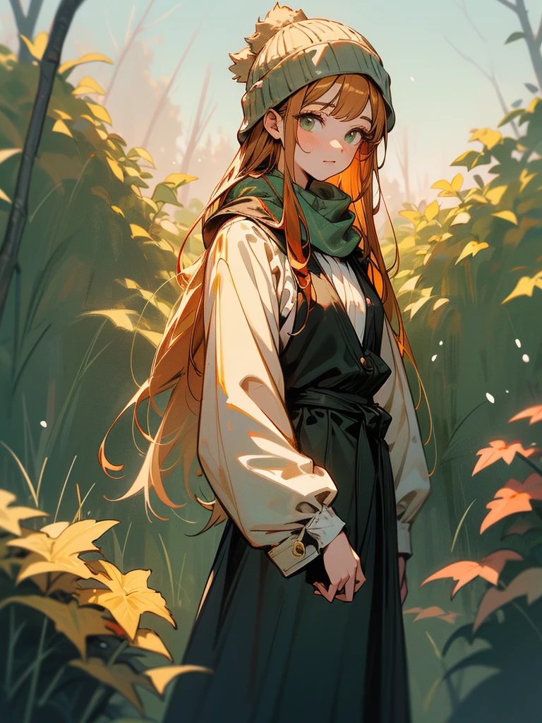 1girl,solo, very short goldend ginger hair, dark green eyes, wearing a long skirt and long vest and a scarf, with a winter beanie hat, in a garden, with automn view, she s waiting for someone, looking away from the viewer