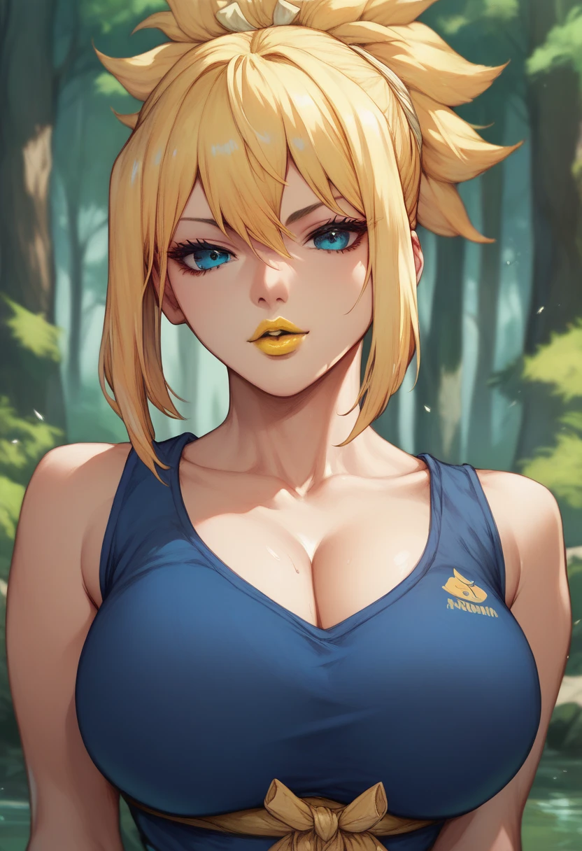 woman, big breasts, looking at viewer, yellow lipstick, blue eyes, anime style, blonde hair, blue clothes, forest, Kohaku 