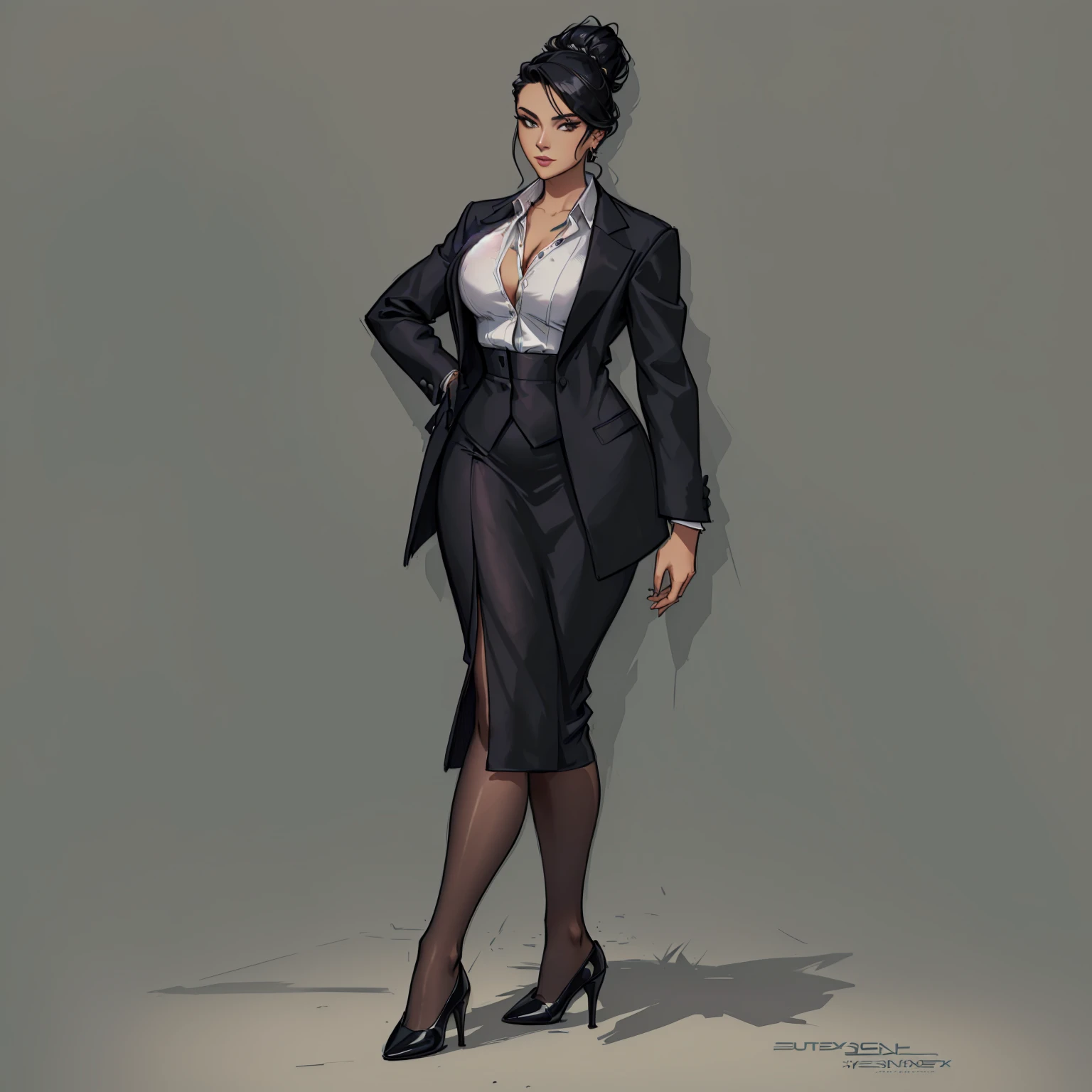 digital comic art, highly detailed, standing pose, feminine features, mature woman, adult female, whole body, bald, form-fitting, revealing neckline, blazer, V-neck blouse, long skirt with a side slit, shoes, 1woman, solo, upper body, lower body, ((Extremely Detailed)), ((Best Quality)), ((Masterpiece)), ((4k))