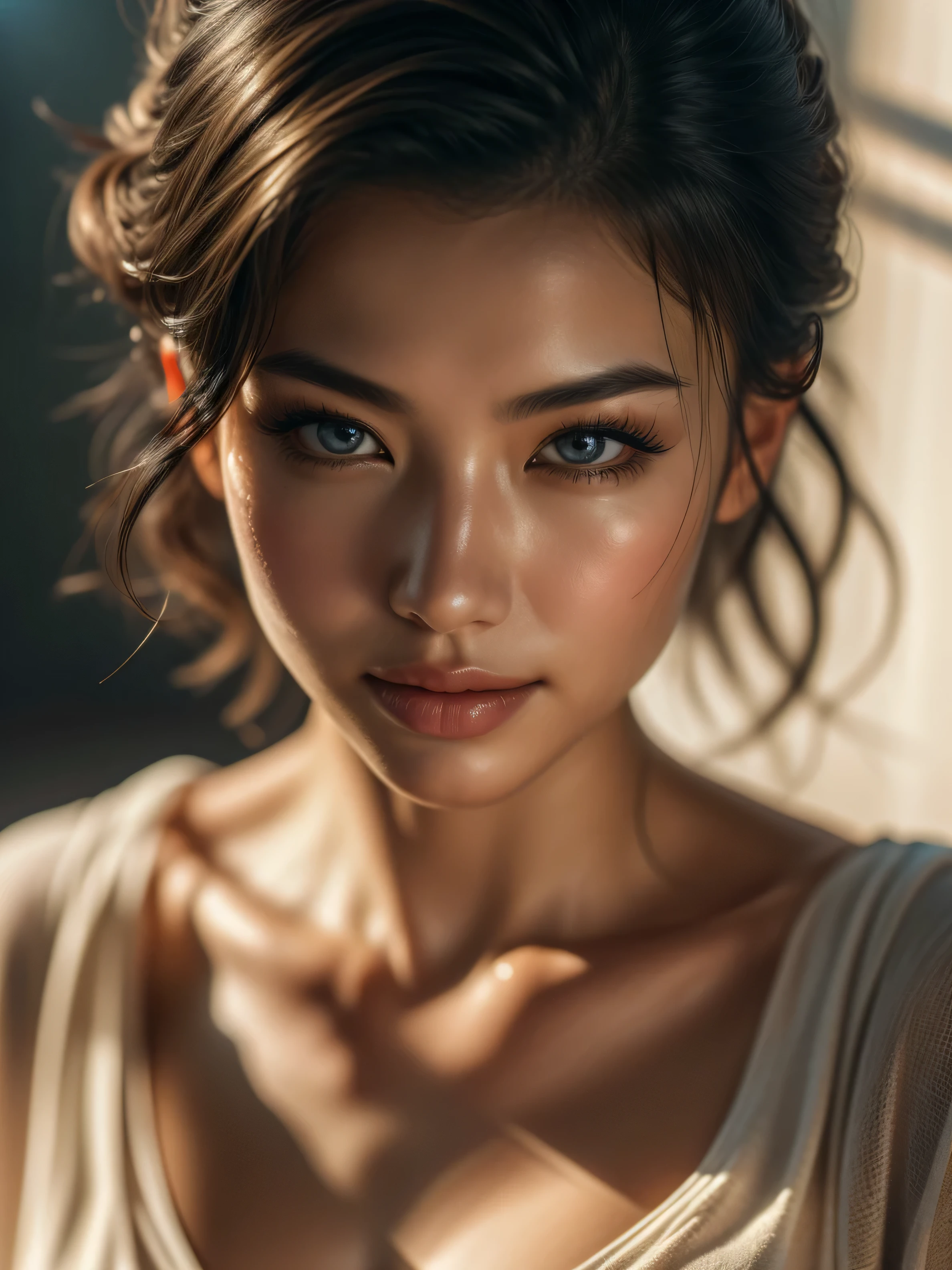 ((Masterpiece)), raw photo, Hyper realistic hyper-detailed half body portrait,A cowboy shot, UHD,  Captured with a Canon EOS R5, 1 mature woman, Extremely attractive Mature chinese woman, short hair,((Natural Tear drop breast 1.7))Breasts naturally fall in a teardrop shape, being less full on top and fuller on the bottom), slender body, wearing loose silk top, half body portrait, Extremely detailed face, [(extremely detailed:1.5)|(matte:1.7)|healthy] human skin, (intricate detailed eyes, eye focus), she is wearing beautiful jewelry. Natural full lips, detailed facial features, provocative flirty smile, Studio lighting, romatic lighting, stunning use of shadows, high resolution, 4k, 8k