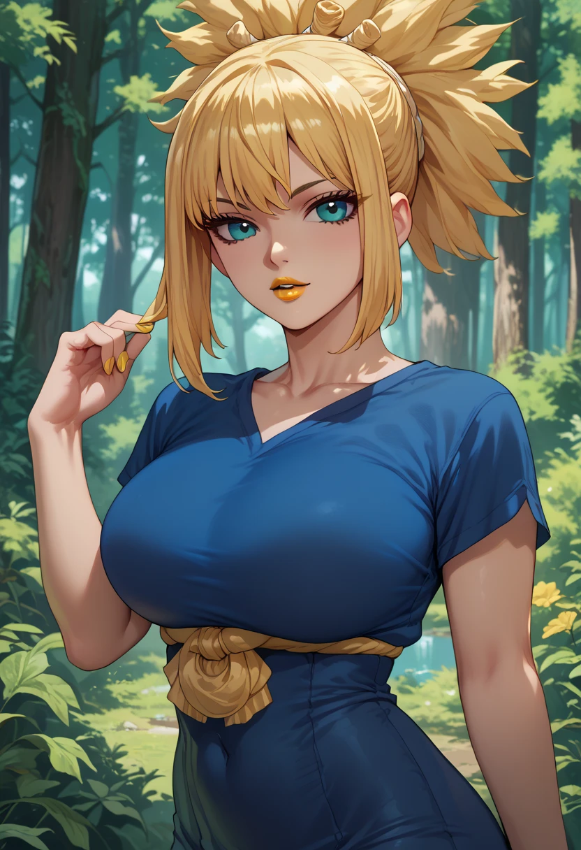 woman, big breasts, looking at viewer, yellow lipstick, blue eyes, anime style, blonde hair, blue clothes, forest, Kohaku