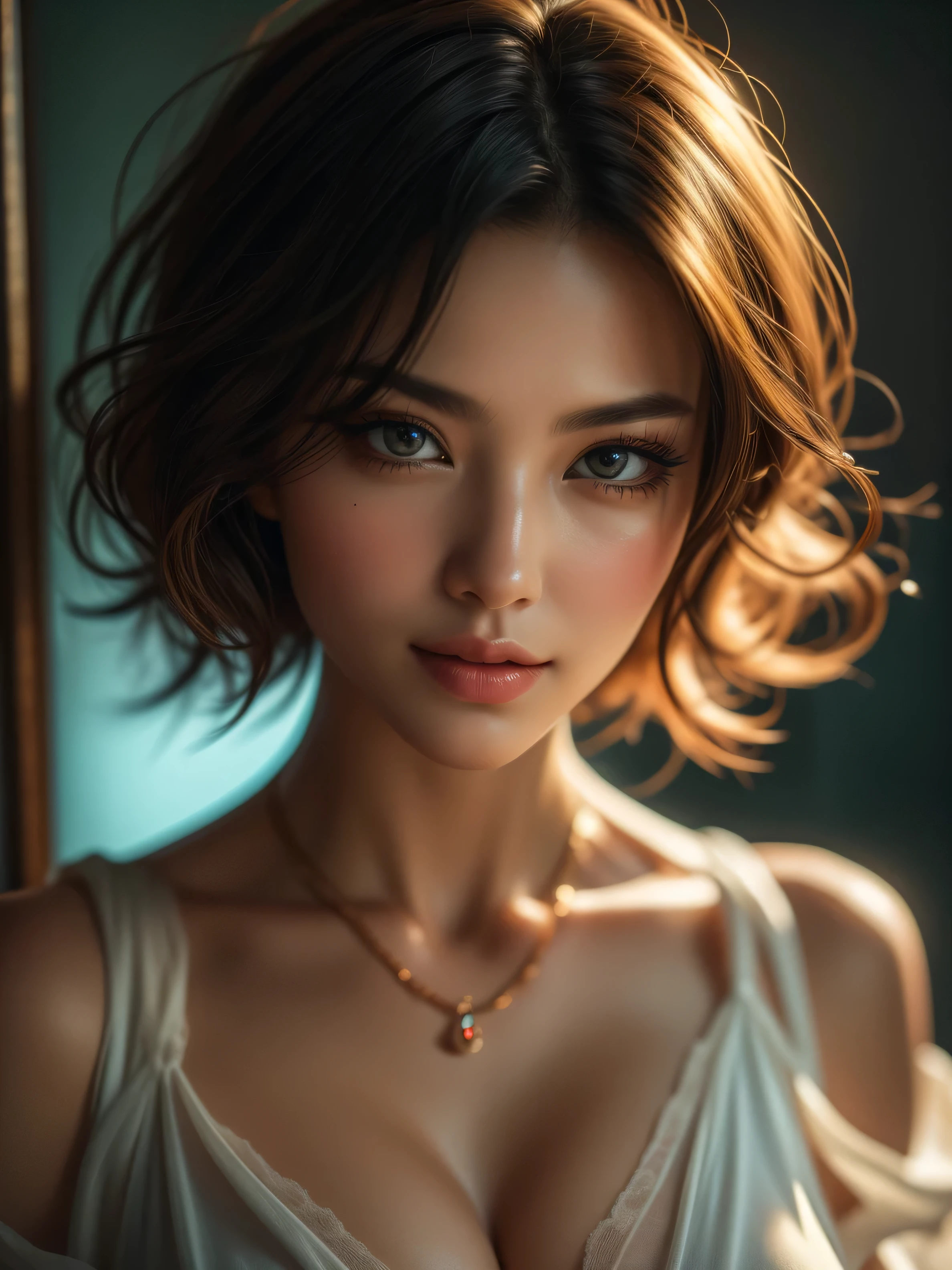 ((Masterpiece)), raw photo, Hyper realistic hyper-detailed half body portrait,A cowboy shot, UHD,  Captured with a Canon EOS R5, 1 mature woman, Extremely attractive Mature chinese woman, short hair,((Natural Tear drop breast 1.7))Breasts naturally fall in a teardrop shape, being less full on top and fuller on the bottom), slender body, wearing loose silk top, half body portrait, Extremely detailed face, [(extremely detailed:1.5)|(matte:1.7)|healthy] human skin, (intricate detailed eyes, eye focus), she is wearing beautiful jewelry. Natural full lips, detailed facial features, provocative flirty smile, Studio lighting, romatic lighting, stunning use of shadows, high resolution, 4k, 8k