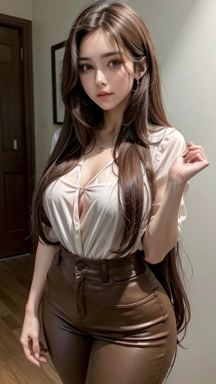 (masterpiece, actual, high resolution), (1 girl): 1.2), Chinese, ((brown curly hair): 1.3), (heterochromatic eyes: 1.1, thick eyebrows,), (white hoodie, cleavage，huge，huge，huge boobs): 1.2, small waist, thigh), catwalk，sexy