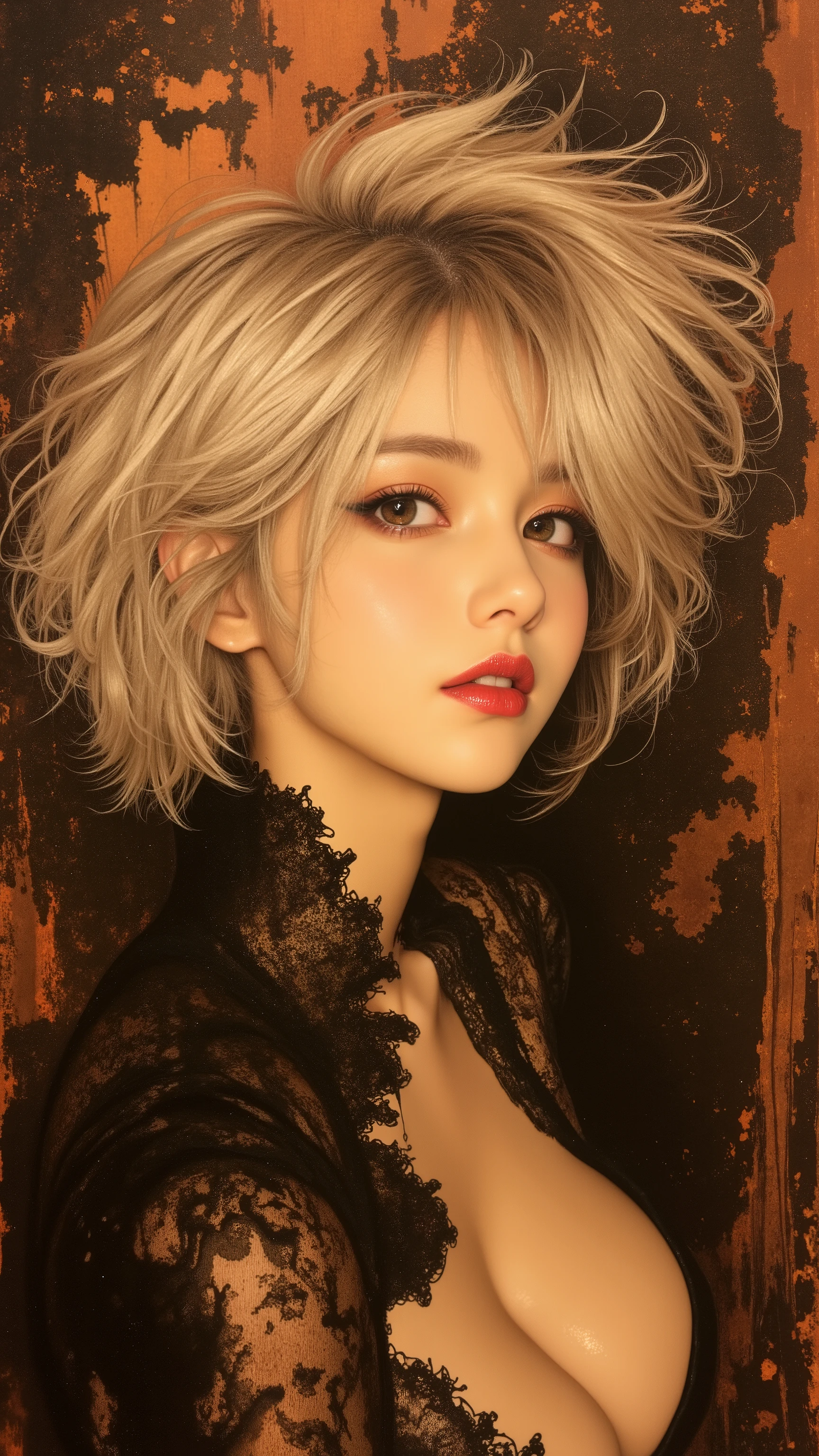 A mesmerizing ink splash artwork on textured rice paper, featuring a stunning Japanese woman with messy, long platinum hair, stylish bangs, and elegant sidelocks. Her seductive and sultry expression is accentuated by lustrous red lips and a direct, captivating gaze. The artwork is set against a rich, dark background, with sepia and henna tones blending seamlessly into an abstract inksplash design. Soft light cascades over one side of her face, highlighting her features and creating a dramatic contrast with the chaotic yet beautiful background, evoking a sense of mystery and allure.