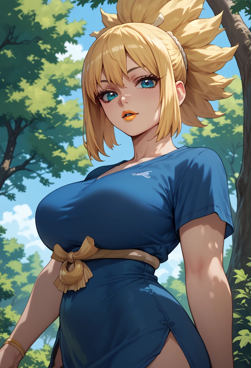 woman, big breasts, looking at viewer, yellow lipstick, blue eyes, anime style, blonde hair, blue clothes, tree, all of a tree, Kohaku