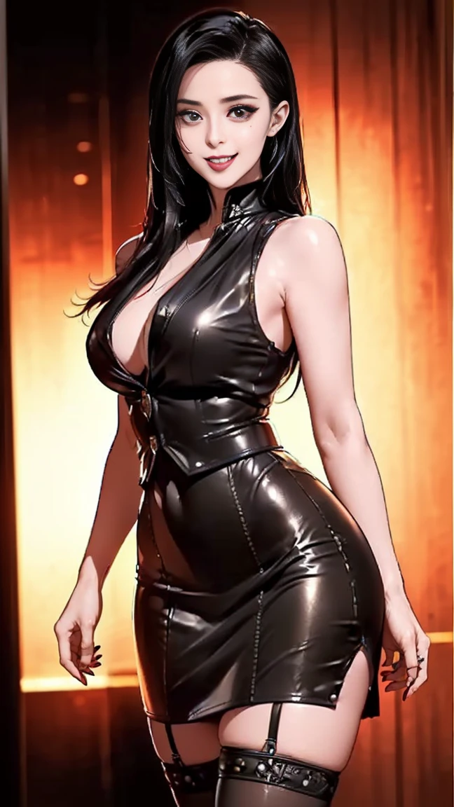 masterpiece, highest quality, (perfect face:1.1), (high detail:1.1), realistic, masterpiece, best_quality, Goth woman, Siouxsie Sioux, long black hair with bangs, (sleek ponytail), spike choker, spike bracelet, black outfit, black platform boots, full body, theofficalpit art style, large perky breasts, hard nipples