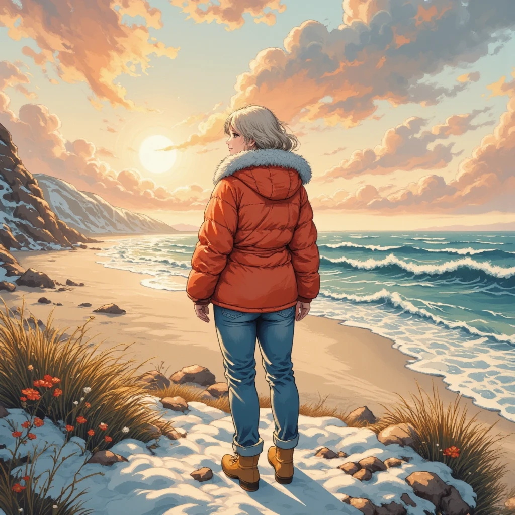 masterpiece:1.3,  highres icon:1.3, (Alone:1.2, ), One Girl , Red down jacket,  jeans,  boots,  back:1.3,  First Sunrise, Coastline,  morning glow, Winter beach