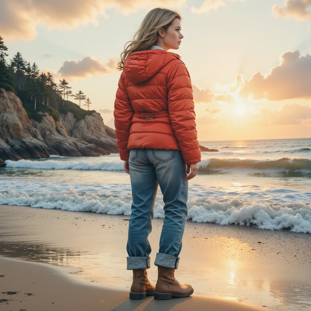 masterpiece:1.3,  highres icon:1.3, (Alone:1.2, ), One Girl , Red down jacket,  jeans,  boots,  back:1.3,  First Sunrise, Coastline,  morning glow, Winter beach