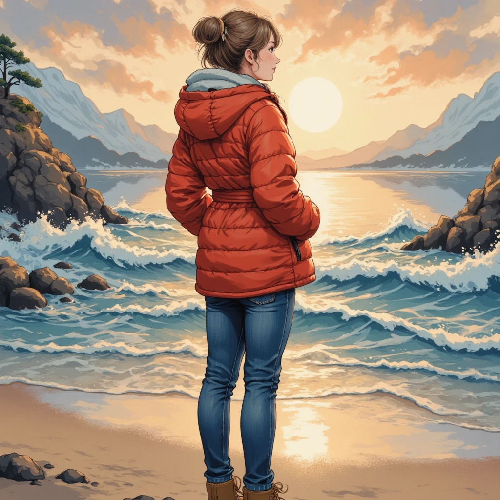 masterpiece:1.3,  highres icon:1.3, (Alone:1.2, ), One Girl ,  red down jacket,  jeans,  boots,  back:1.3, Big Shining First Sunrise \ beautiful expression , Coastline,  morning glow\ very beautiful:1.3, Winter beach