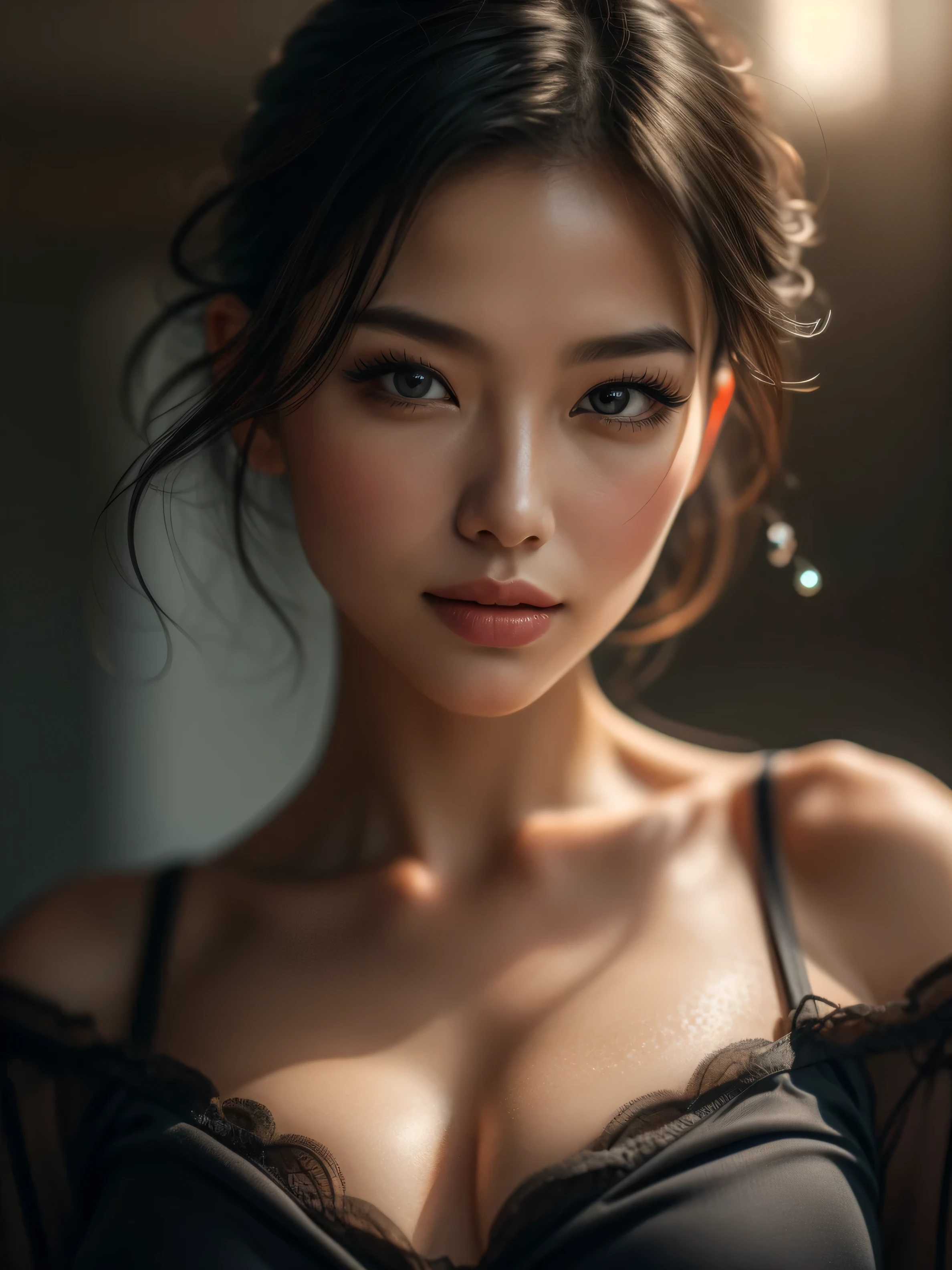 ((Masterpiece)), raw photo, Hyper realistic hyper-detailed half body portrait,A cowboy shot, UHD,  Captured with a Canon EOS R5, 1 mature woman, Extremely attractive Mature chinese woman, short hair,((Natural Tear drop breast 1.7))Breasts naturally fall in a teardrop shape, being less full on top and fuller on the bottom), slender body, wearing loose silk top, half body portrait, Extremely detailed face, [(extremely detailed:1.5)|(matte:1.7)|healthy] human skin, (intricate detailed eyes, eye focus), she is wearing beautiful jewelry. Natural full lips, detailed facial features, provocative flirty smile, Studio lighting, romatic lighting, stunning use of shadows, high resolution, 4k, 8k