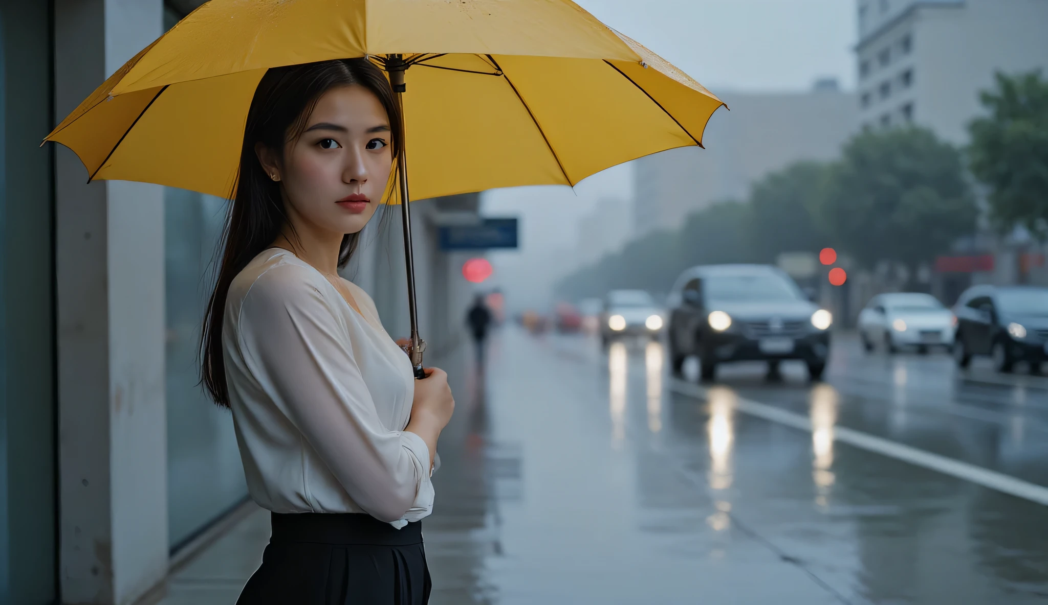 a hyper-realistic, 4K quality scene of a beautiful woman standing on the side of a busy street during a heavy rainstorm. She is wearing an elegant office outfit: a tailored white blouse tucked into a fitted black pencil skirt, with subtle accessories such as a silver watch and small pearl earrings.

The woman holds a vibrant yellow umbrella that contrasts vividly against the gray, rainy atmosphere. Raindrops cascade off the umbrella, and puddles on the street reflect the city lights, creating a cinematic feel. Her hair, slightly damp from the rain, frames her face perfectly, highlighting her serene expression as she gazes into the distance.

The background captures the bustling street, with blurred headlights and pedestrians rushing under their umbrellas. The overall atmosphere is dramatic yet calm, with rich details like the texture of her clothing, the reflections in the puddles, and the soft glow of streetlights breaking through the downpour.