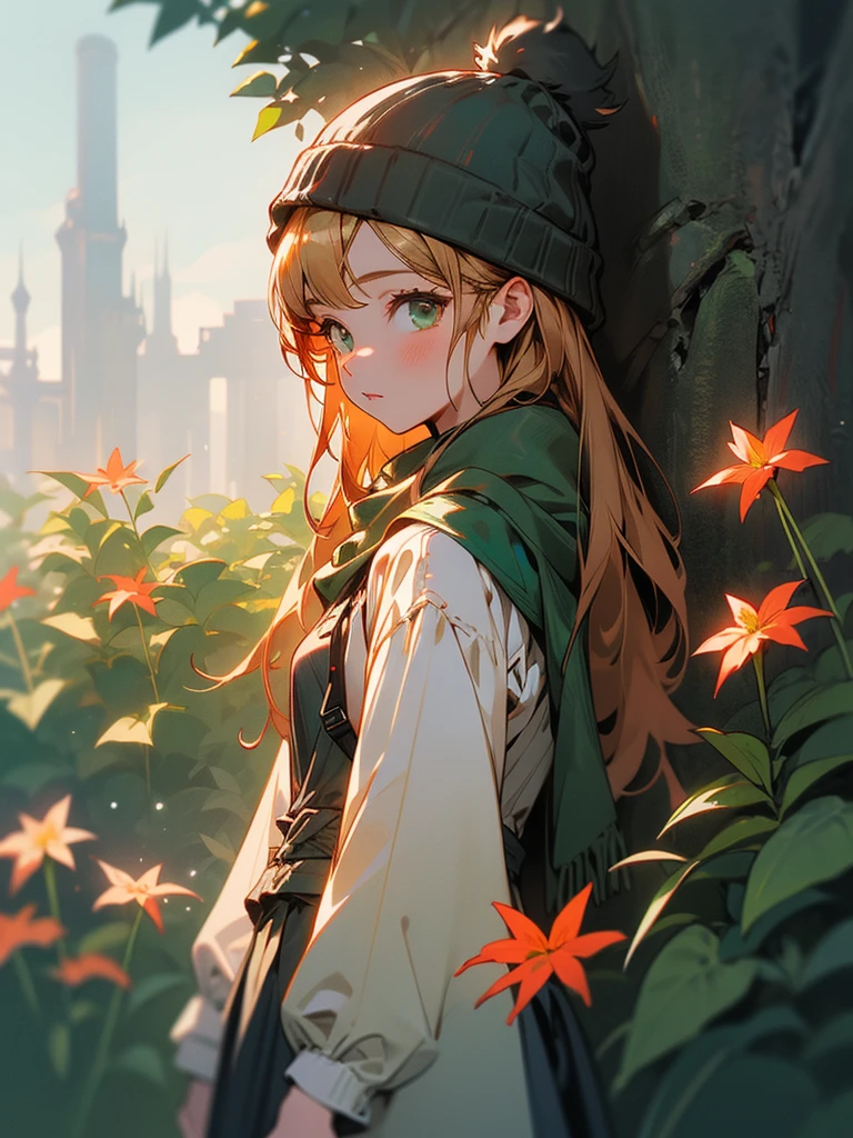 1girl,solo, short goldend ginger hair, dark green eyes, wearing a long skirt and long vest and a scarf, with a winter beanie hat, in a garden, with automn view, she s waiting for someone, looking away from the viewer