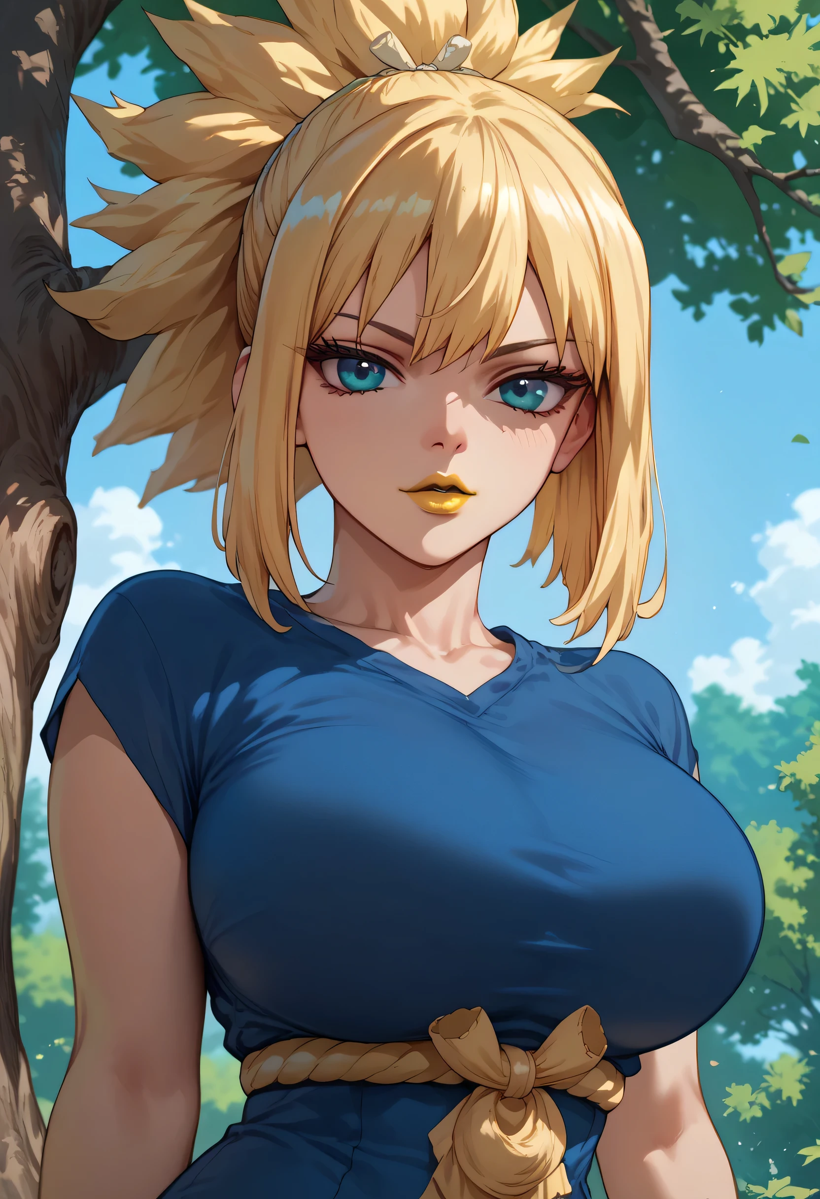 woman, big breasts, looking at viewer, yellow lipstick, blue eyes, anime style, blonde hair, blue clothes, tree, all of a tree, Kohaku