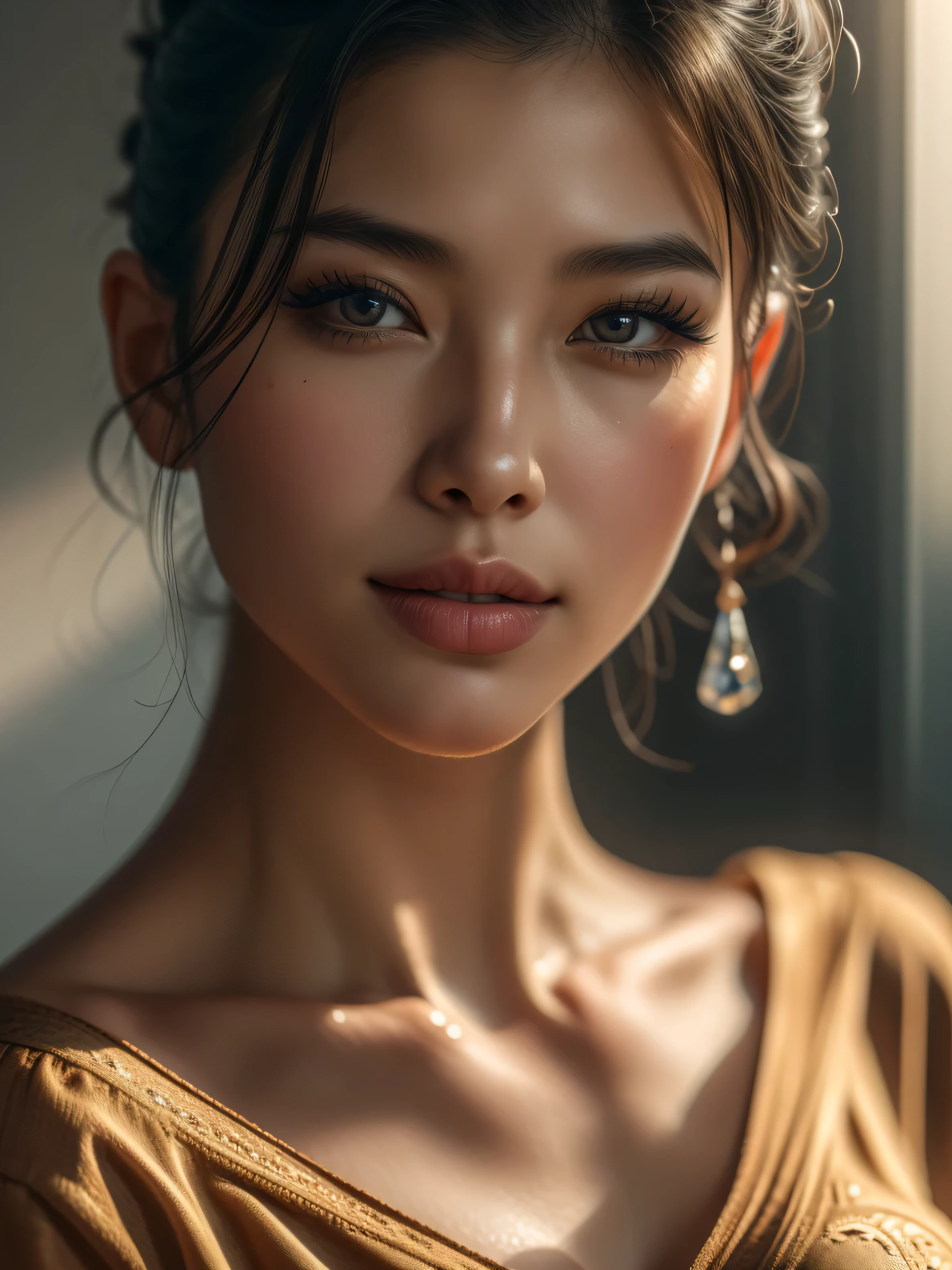 ((Masterpiece)), raw photo, Hyper realistic hyper-detailed half body portrait,A cowboy shot, UHD,  Captured with a Canon EOS R5, 1 mature woman, Extremely attractive Mature chinese woman, short hair,((Natural Tear drop breast 1.7))Breasts naturally fall in a teardrop shape, being less full on top and fuller on the bottom), slender body, wearing loose silk top, half body portrait, Extremely detailed face, [(extremely detailed:1.5)|(matte:1.7)|healthy] human skin, (intricate detailed eyes, eye focus), she is wearing beautiful jewelry. Natural full lips, detailed facial features, provocative flirty smile, Studio lighting, romatic lighting, stunning use of shadows, high resolution, 4k, 8k