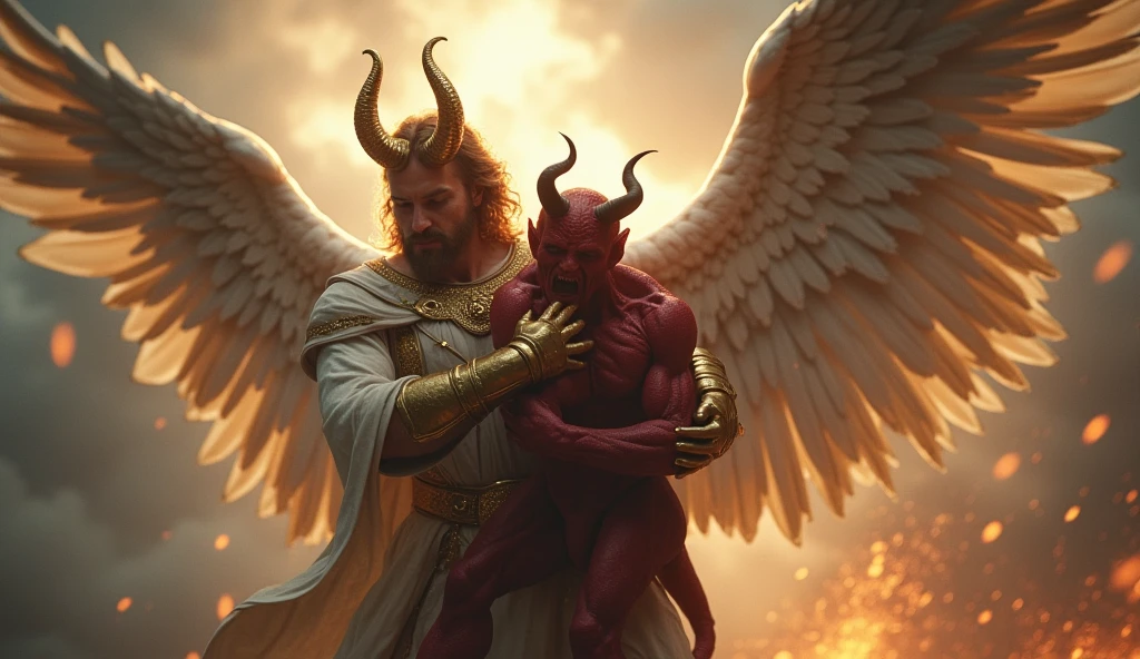 A demon surrounded by male angels. The angels are angry with the demon and the demon is not intimidated and is more radiant than everyone around him.