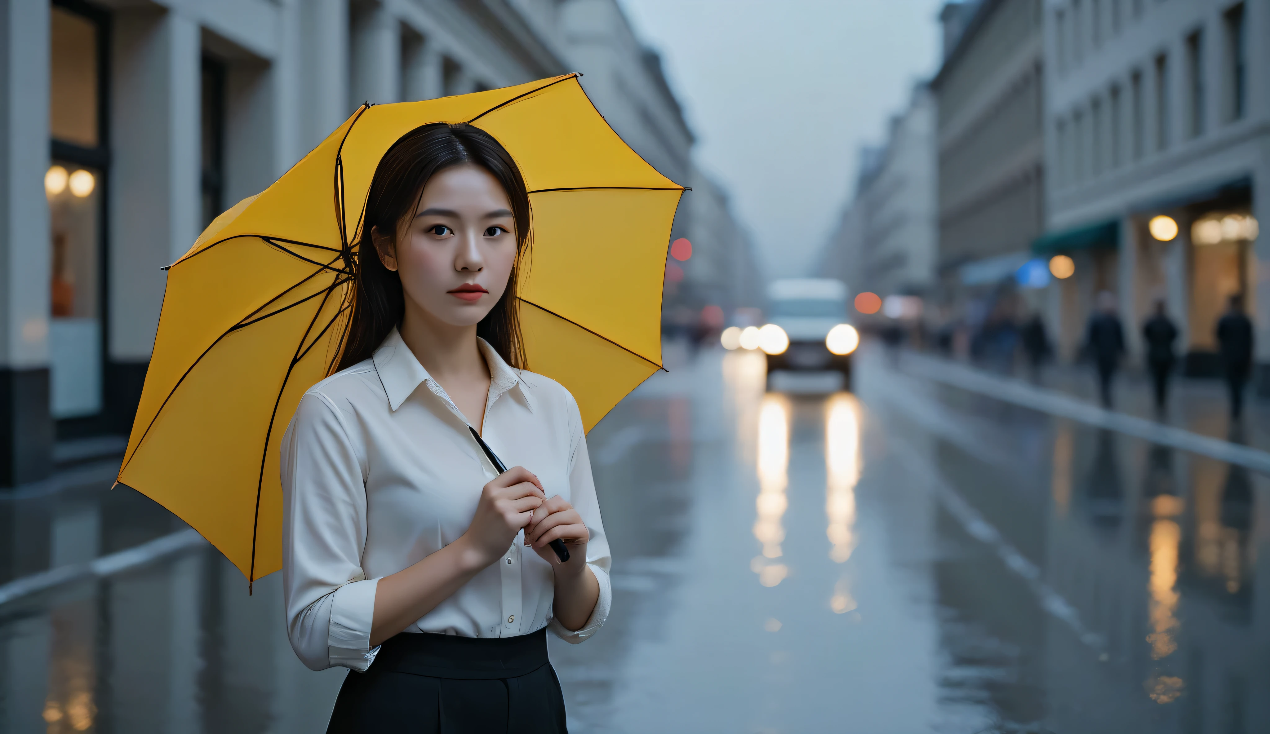 a hyper-realistic, 4K quality scene of a beautiful woman standing on the side of a busy street during a heavy rainstorm. She is wearing an elegant office outfit: a tailored white blouse tucked into a fitted black pencil skirt, with subtle accessories such as a silver watch and small pearl earrings.

The woman holds a vibrant yellow umbrella that contrasts vividly against the gray, rainy atmosphere. Raindrops cascade off the umbrella, and puddles on the street reflect the city lights, creating a cinematic feel. Her hair, slightly damp from the rain, frames her face perfectly, highlighting her serene expression as she gazes into the distance.

The background captures the bustling street, with blurred headlights and pedestrians rushing under their umbrellas. The overall atmosphere is dramatic yet calm, with rich details like the texture of her clothing, the reflections in the puddles, and the soft glow of streetlights breaking through the downpour.