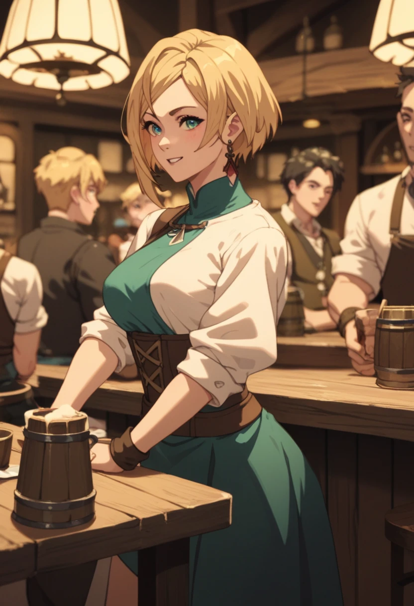 Sara,  short hair,  blonde, in a tavern 