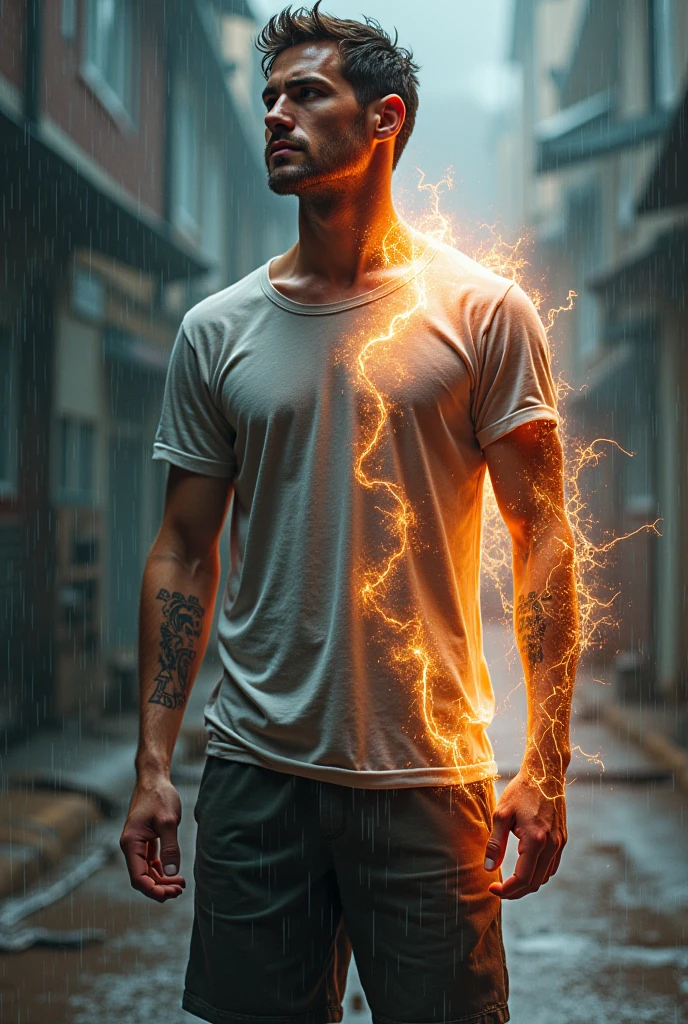 straight brazilian, with NORMAL physique, goosebumps with lightning coming out of every part of the body, with clothes