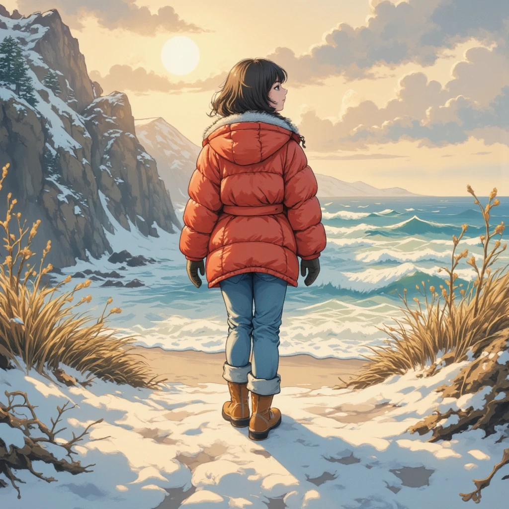 masterpiece:1.3,  highres icon:1.3, (Alone:1.2, ), One Girl , Red down jacket,  jeans,  boots,  back:1.3,  First Sunrise, Coastline,  morning glow, Winter beach