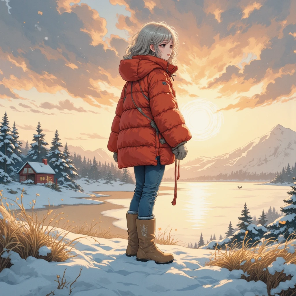 masterpiece:1.3,  highres icon:1.3, (Alone:1.2, ), One Girl , Red down jacket,  jeans,  boots,  back:1.3, Big Shining First Sunrise \ beautiful expression , Coastline,  morning glow\ very beautiful:1.3, Winter beach