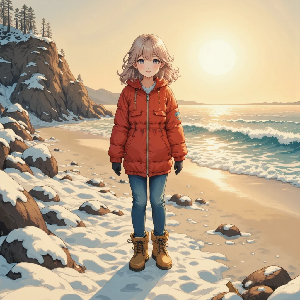 masterpiece:1.3,  highres icon:1.3, (Alone:1.2, ), One Girl , Red down jacket,  jeans,  boots,  back:1.3, Big Shining First Sunrise \ beautiful expression , Coastline,  morning glow\ very beautiful:1.3, Winter beach