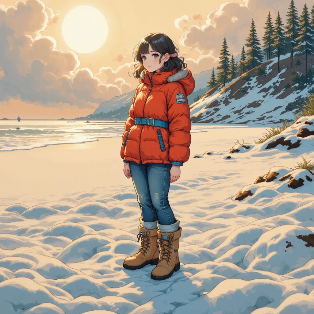 masterpiece:1.3,  highres icon:1.3, (Alone:1.2, ), One Girl , Red down jacket,  jeans,  boots,  back:1.3,  First Sunrise, Coastline,  morning glow, Winter beach