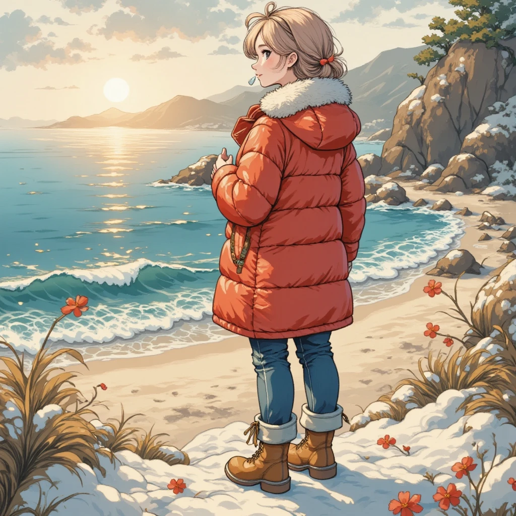 masterpiece:1.3,  highres icon:1.3, (Alone:1.2, ), One Girl , Red down jacket,  jeans,  boots,  back:1.3,  First Sunrise, Coastline,  morning glow, Winter beach