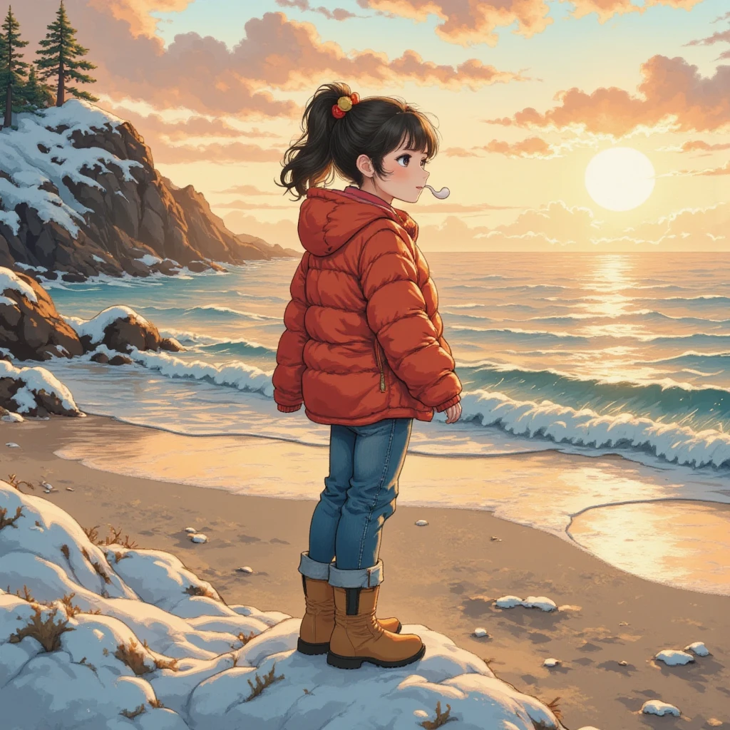 masterpiece:1.3,  highres icon:1.3, (Alone:1.2, ), One Girl , Red down jacket,  jeans,  boots,  back:1.3,  First Sunrise, Coastline,  morning glow, Winter beach