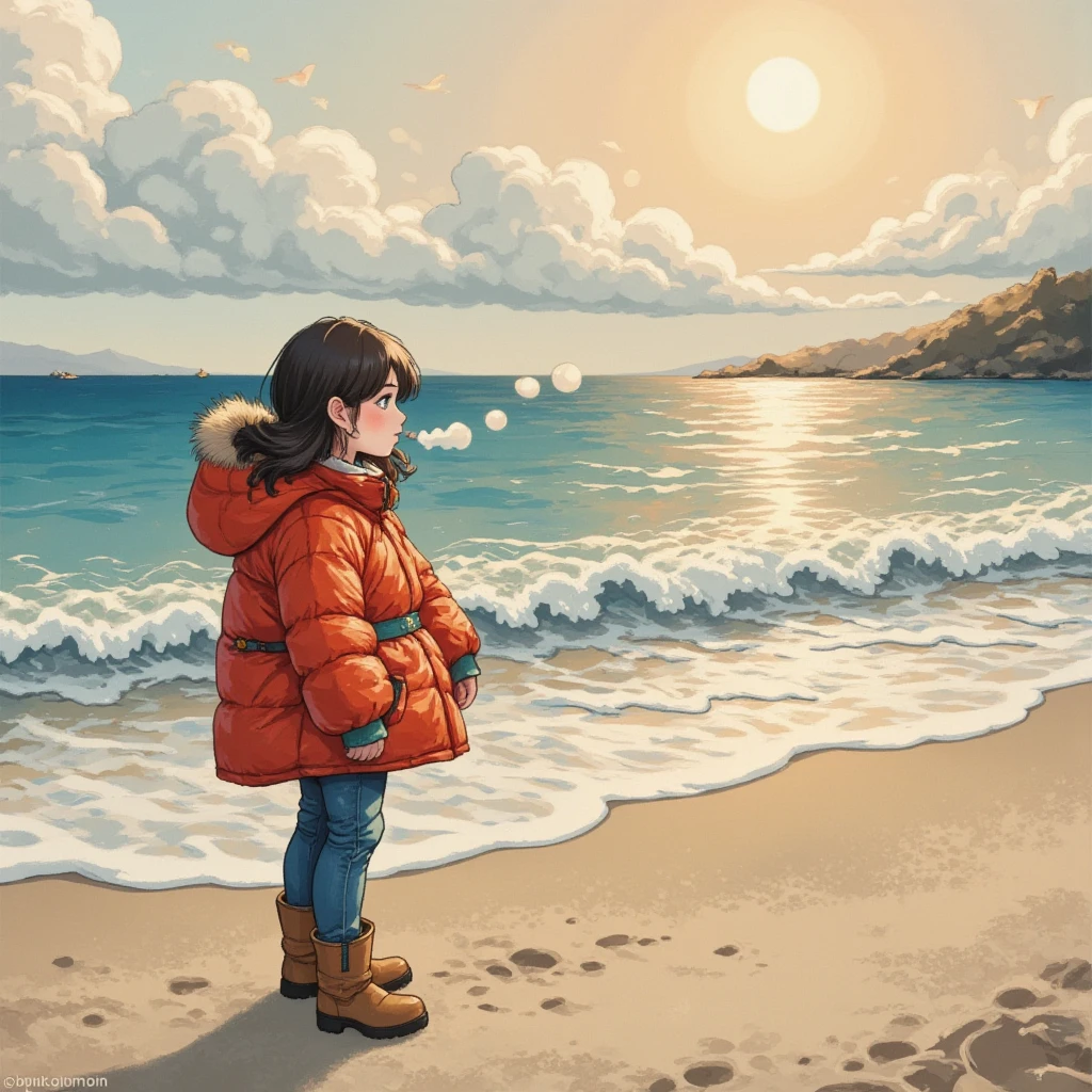 masterpiece:1.3,  highres icon:1.3, (Alone:1.2, ), One Girl , Red down jacket,  jeans,  boots,  back:1.3,  First Sunrise, Coastline,  morning glow, Winter beach