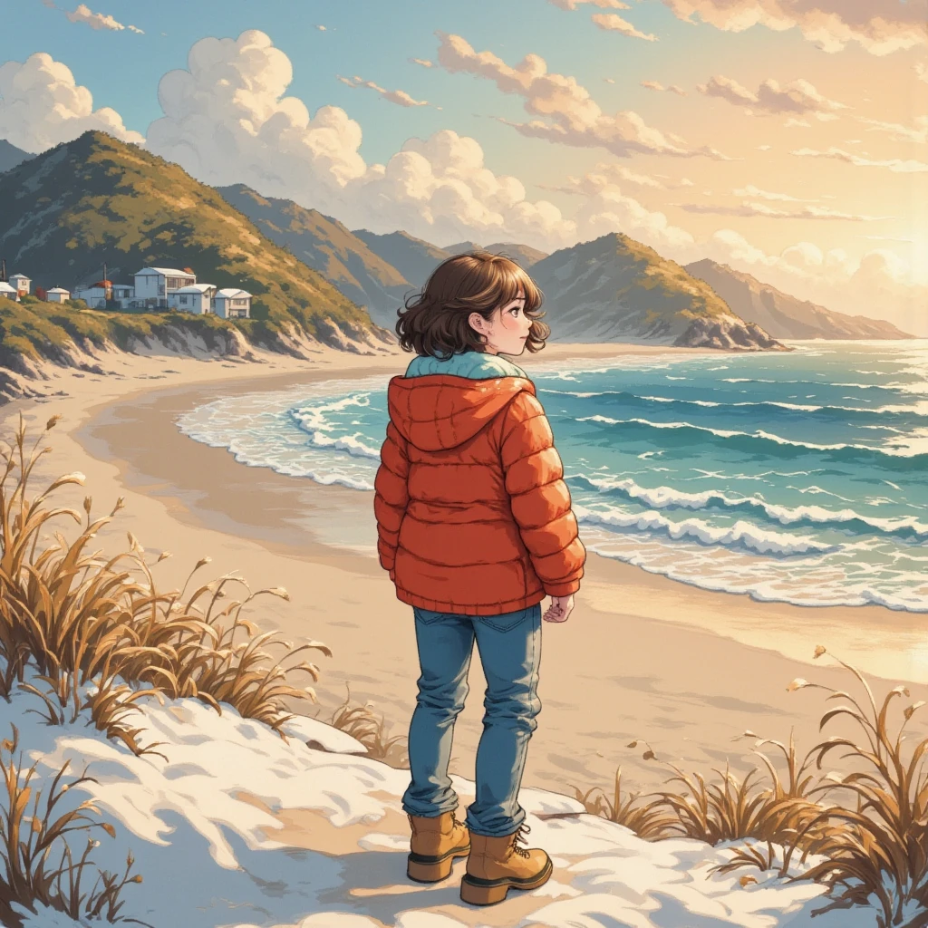 masterpiece:1.3,  highres icon:1.3, (Alone:1.2, ), One Girl , Red down jacket,  jeans,  boots,  back:1.3,  white breath , Red cheeks due to cold:1.3, Big Shining First Sunrise \ beautiful expression , Coastline,  morning glow\ very beautiful:1.3, Winter beach