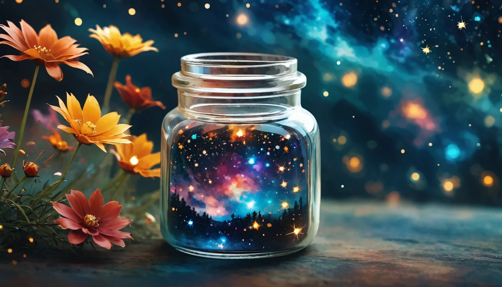
 Close-up of a glass jar,  Starry sky in a jar , miniature cosmos , Twinkling Stars, colorful nebula, galaxy, cosmic dust ,  glass reflection ,  Surface distortion ,  starry sky background , Compared,  depth , magic, ethereal light,  ultra detailed,  dark background, , Macro photography