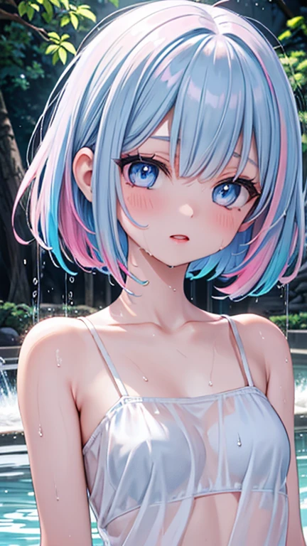 absurdres, highres, (ultra detailed:1.0), BREAK 1girl,smiling face ,kawaii, pink hair, twintails, (dramatic angle:1.3), (polka dots white bikini:1.3), pool side, leaning forward